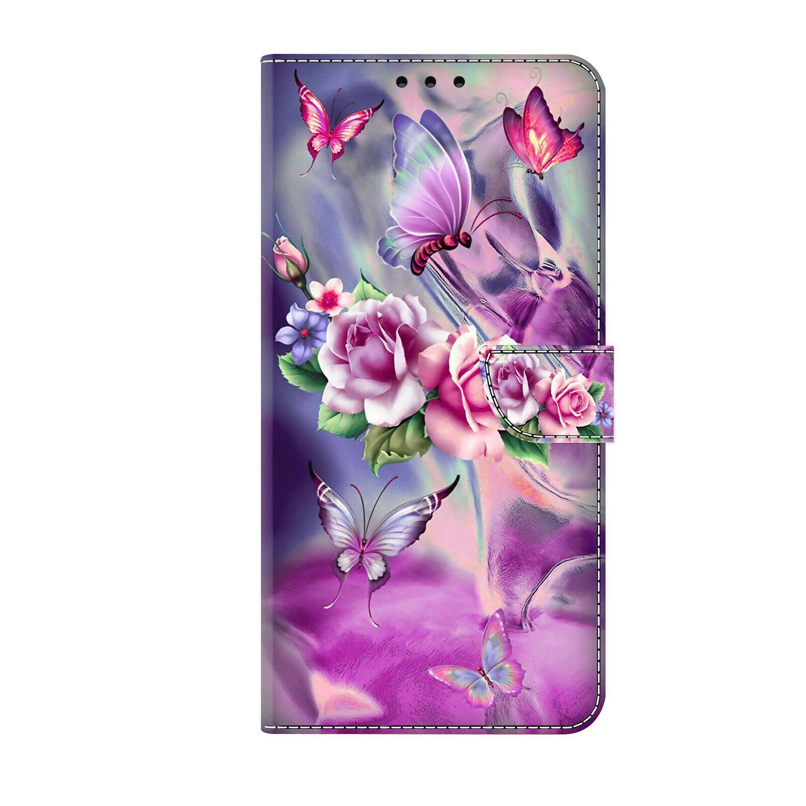 CLM-Tech Handytasche für Samsung Galaxy A54 5G Hülle Tasche aus Kunstleder Klapphülle (lila Blumen Schmetterlinge, Handyhülle Wallet Flip Case Cover Etui), Schutzhülle mit Standfunktion, Kartenfächer und Magnetverschluss von CLM-Tech