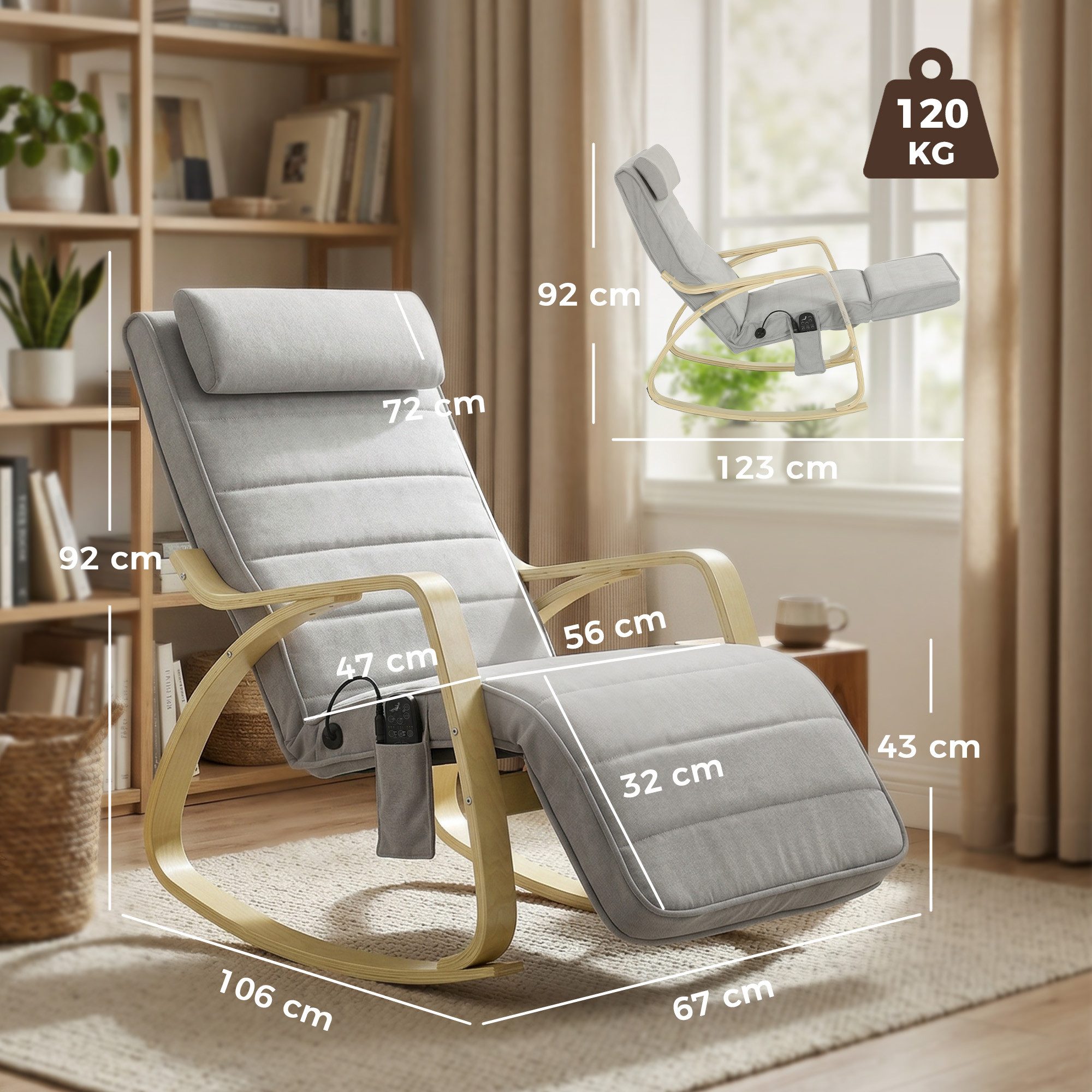HOMCOM Schaukelstuhl Schaukelsessel mit Massagefunktion, Relaxstuhl mit Samtoptik (Lesesessel, 1 St), Schwingsessel für Wohnzimmer, Schlafzimmer, Hellgrau