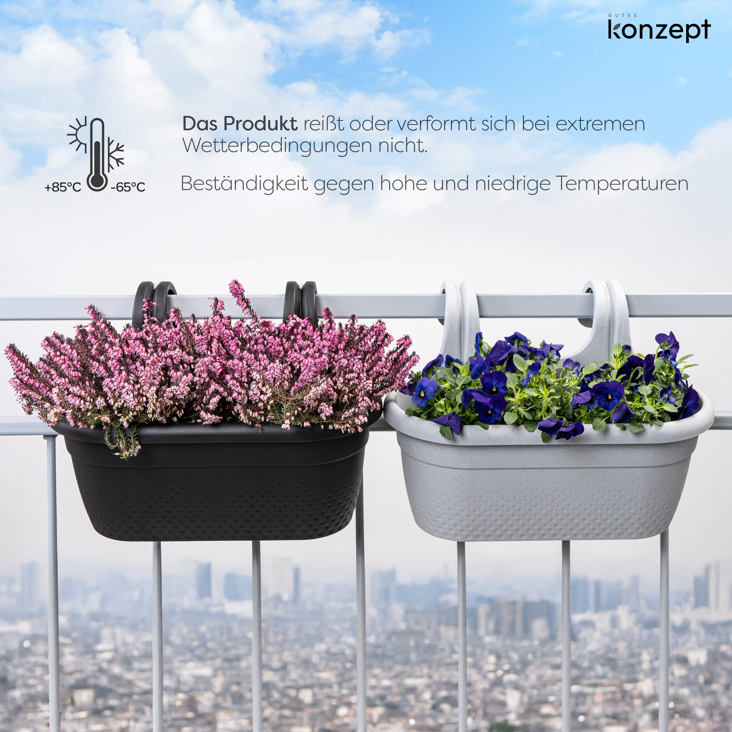 KONZEPT Balkonkasten Balkon Blumenkasten mit Halterung 6,2 L, Balkonkasten für Geländer, Blumenkasten aus wetterfestem Kunststoff