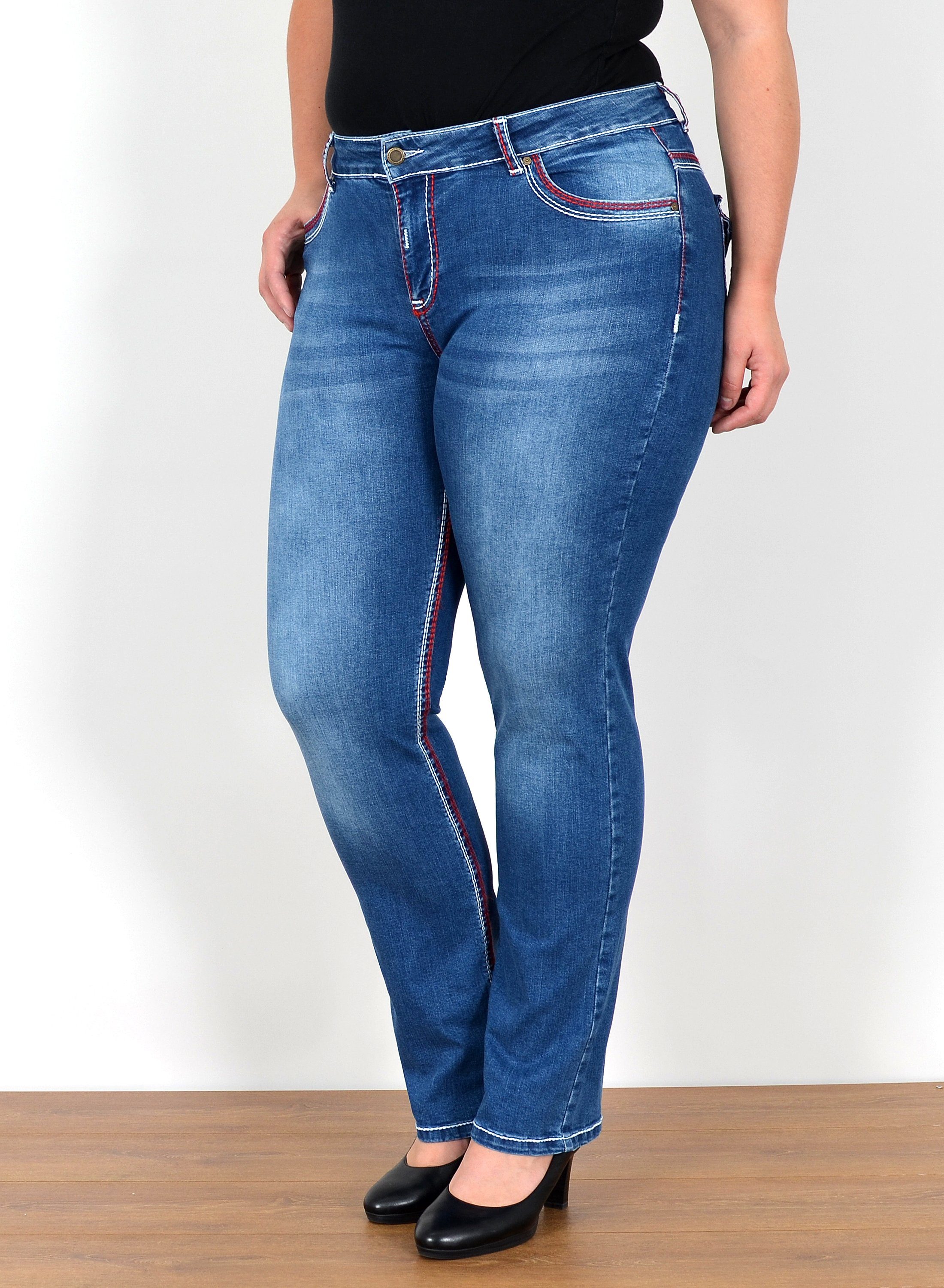 ESRA Straight-Jeans FG12 Straight Fit Jeans Damen High Waist Hose Kontrastnähte bis Plus Size, Straight Jeans Hose Stretch hohe Leibhöhe dicke Naht bis Große Größe, Gerade Schnitt Jeanshose Hoch Bund weiße Naht rote Naht bis Übergröße, Regular Jeans High Waist Hose Damen Jeans Straight mit dicken Nähten, Jeans Damen Jeans Hose Damen Hose, High Waist Jeans Damen High Waist, Damen Jeans Straight Damen Hose Jeansblau | Stretchjeans