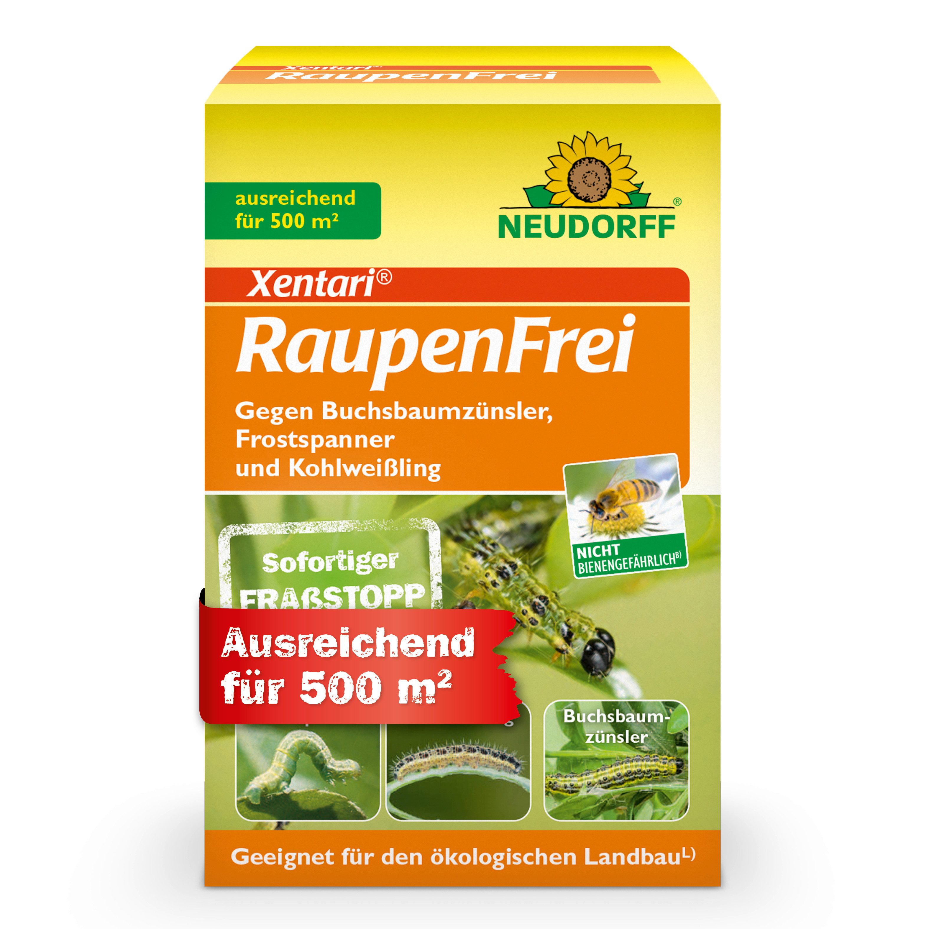 Neudorff Insektenspray Xentari Raupenfrei, 25 g, 25 g für eine Behandlungsfläche von bis zu 500 m², Raupenbekämpfung an Buchsbaum, Gemüse, Obst & Weinreben, Schneller Fraßstopp nach Aufnahme durch die Raupen