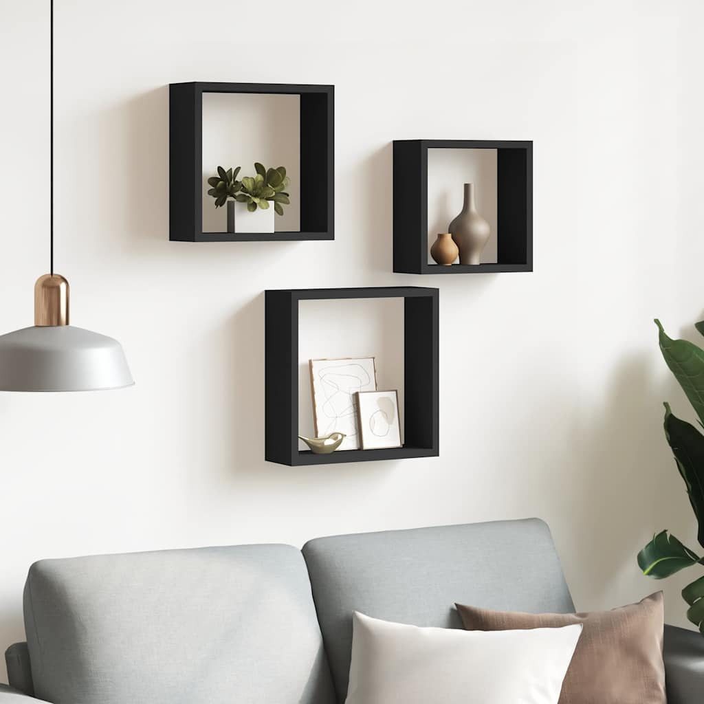 furnicato Regalwürfel 3er Set schwebende Würfelregale MDF Schwarz 30x10x30, 27x10x27, 24x10