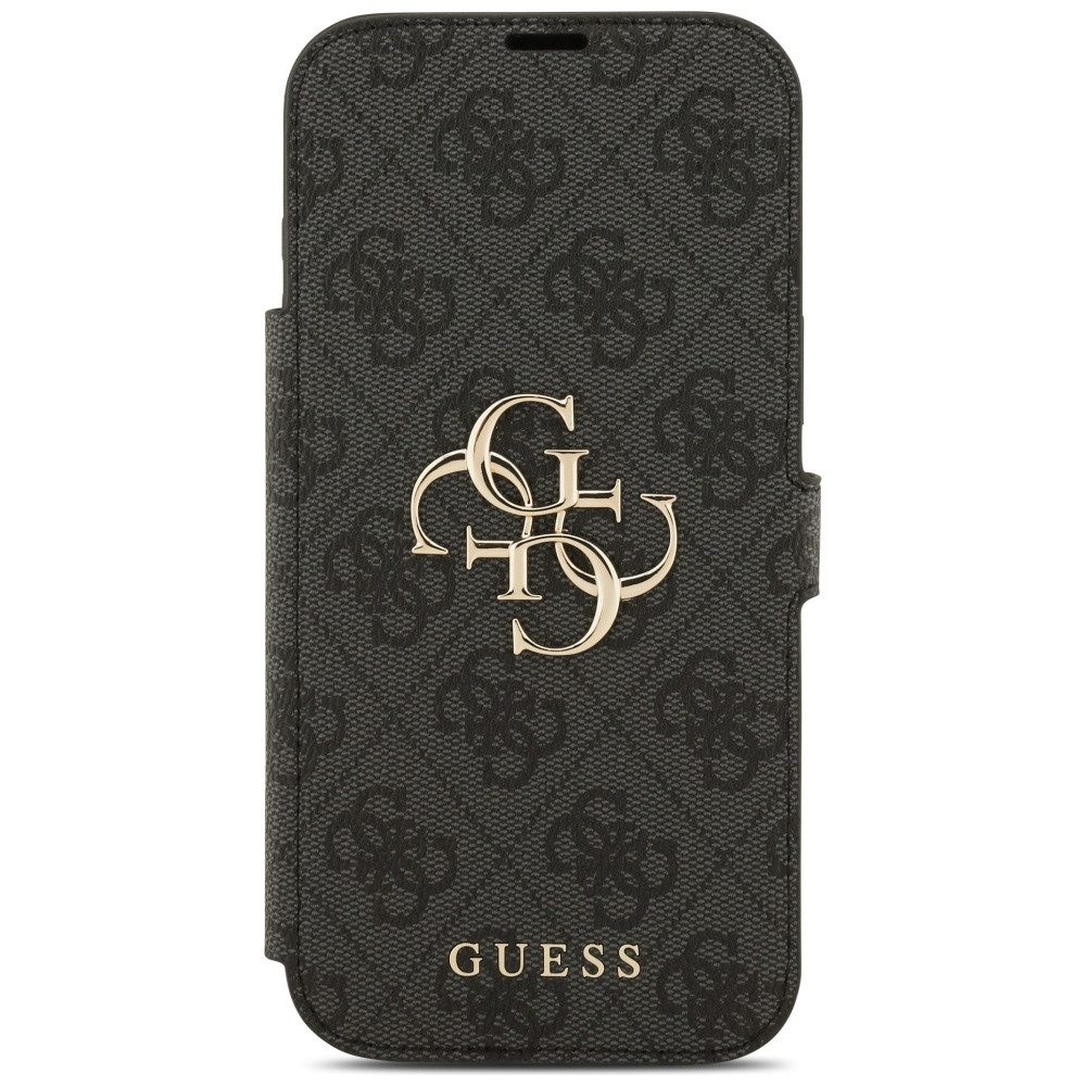 Guess Handyhülle Bookcase iPhone 17 Pro Max grau Logo goldfarben aufstellbar 6,9 Zoll, Kantenschutz