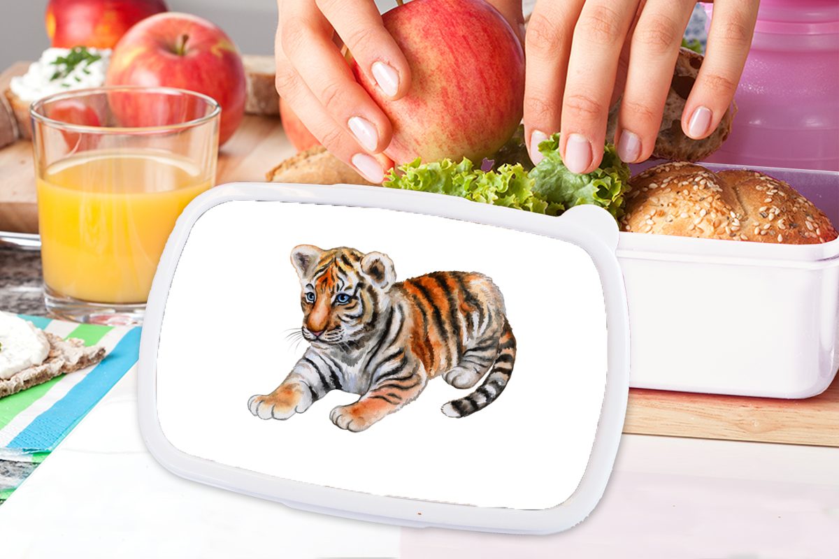 MuchoWow Lunchbox Tiger - Baby Mädchen Jungs Weiß, (2-tlg), Brotdose, - und Brotbox Kunststoff, für Erwachsene, und Kinder für