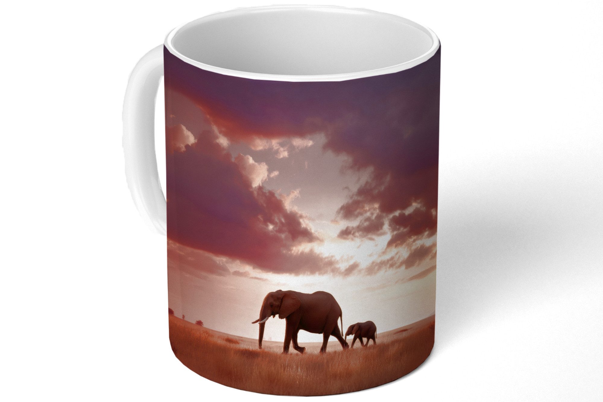 MuchoWow Tasse Elefanten - Grasland - Sonnenuntergang, 1-tlg., Keramik, Kaffeetassen, Teetasse, Becher, Kaffeebecher, Geschenk