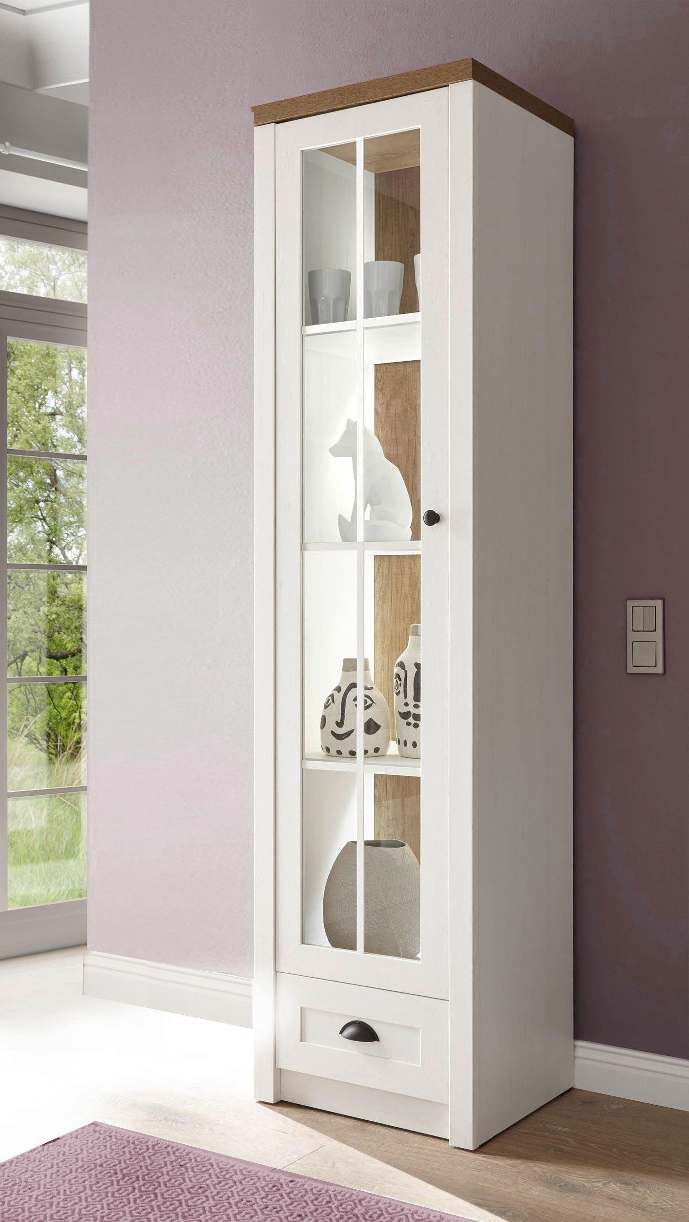 Feldmann-Wohnen Vitrine Vitrine PROVENCE 9PPEPE23 pinie weiß eichefarben hell 25758420 #I (mit Tür, mit Einlegeböden, mit Schublade, 1-St., moderne Optik, mit Tür, mit Schublade) 50x43x198cm Pinie weiß Eiche hell