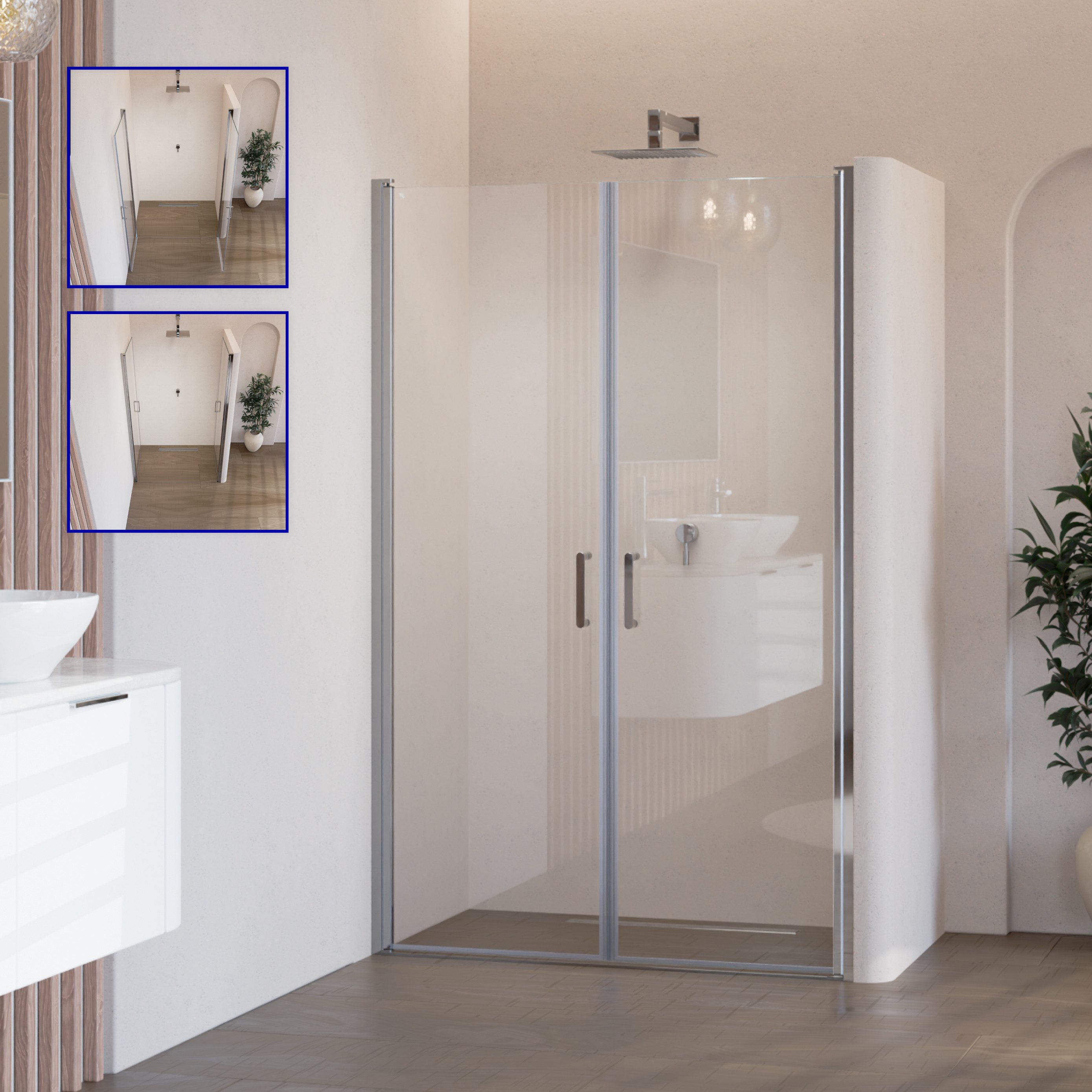 i-flair Dusch-Doppelflügeltür Duschtür 73-76 cm - Höhe: 190 cm, aus durchsichtigem 6 mm ESG, 73x190 cm, Einscheibensicherheitsglas, (ohne Duschtasse, mit hochwertigen Aluminiumprofilen in silber) ebenerdiger Einbau möglich, mit Pendeltüren