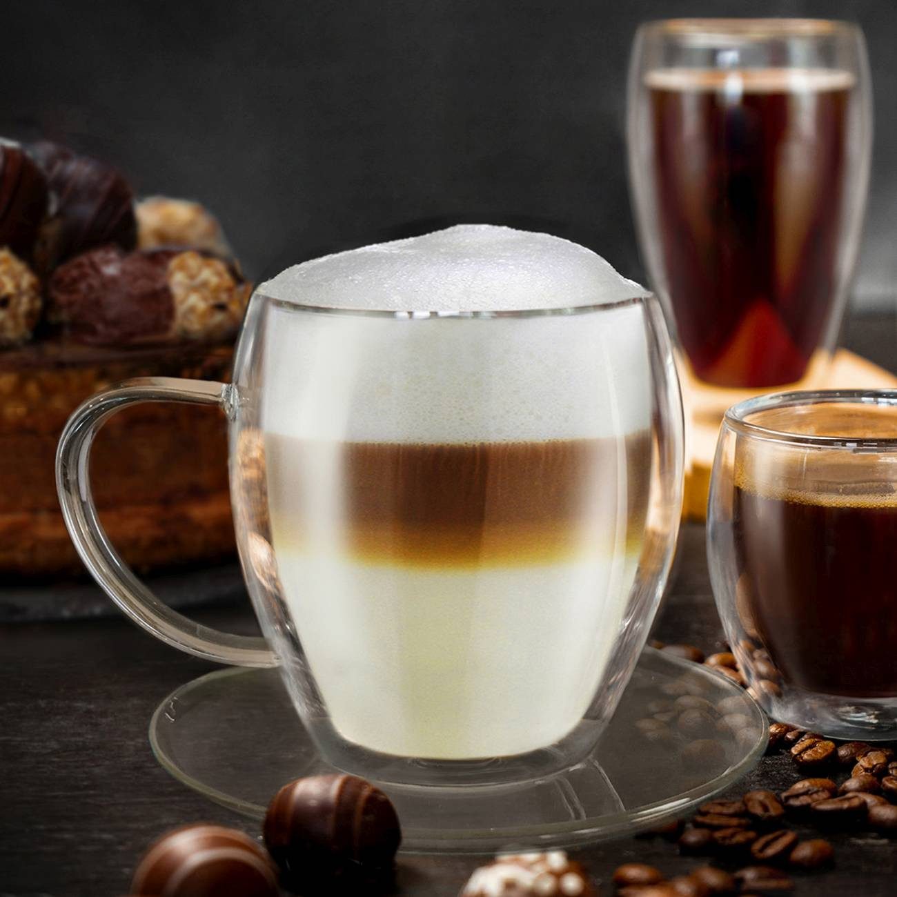 Creano Teeglas Thermo Tasse mit Untersetzer “bauchig” 400ml; einzel, 2-tlg., Borosilikatglas, 1 Tasse mit Untertasse