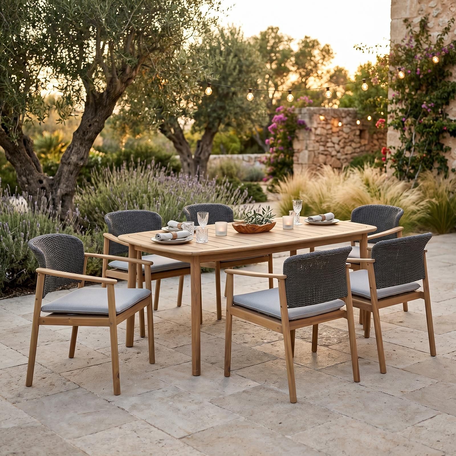 IDIMEX Garten-Essgruppe SURIN, (7-tlg), Gartenmöbelset aus Akazienholz mit 6 Stühlen und Sitzkissen Natur/Grau