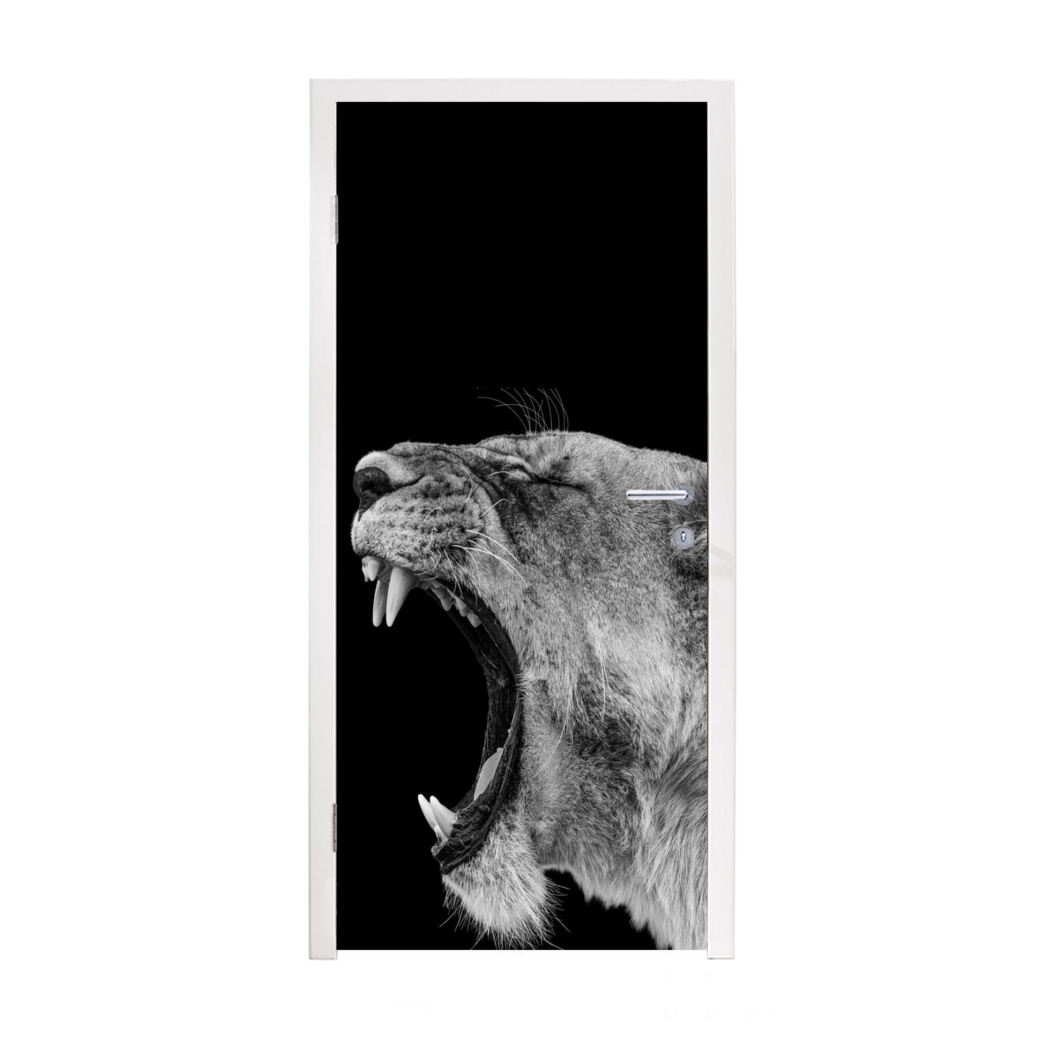 MuchoWow Türtapete Tiere - Löwe - Schwarz - Weiß - Porträt, Matt, bedruckt, (1 St), Fototapete für Tür, Türaufkleber, 75x205 cm | Türtapeten