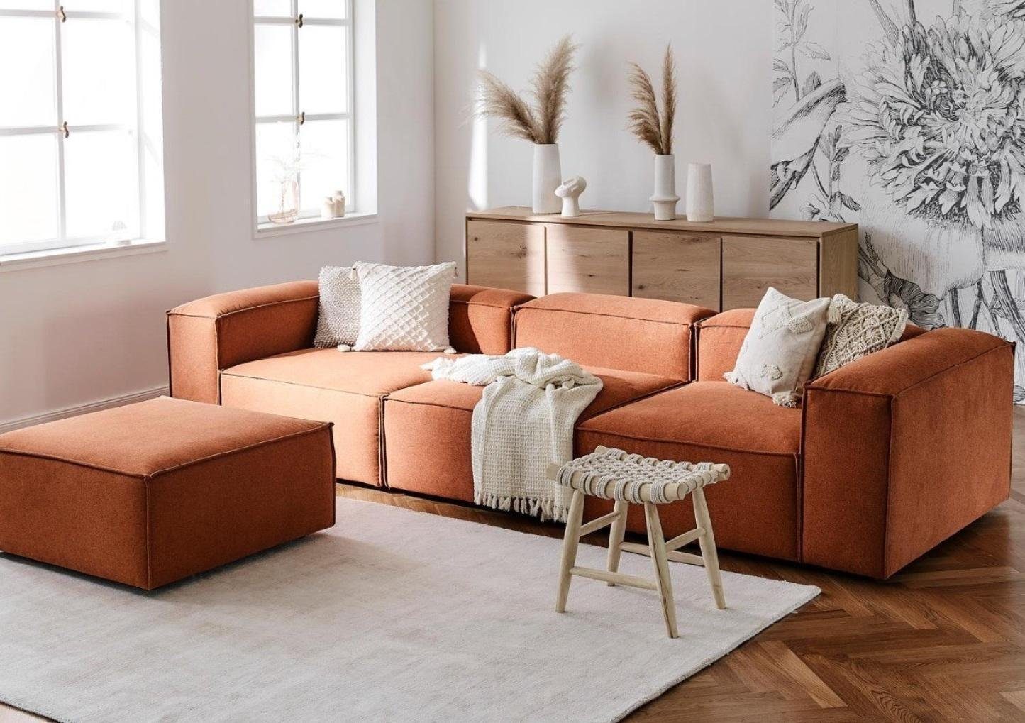 JVmoebel 4-Sitzer Sofa Set xxl Sofas Couchen Orange mit Hocker Stoffsofa Textil Couch, 2 Teile