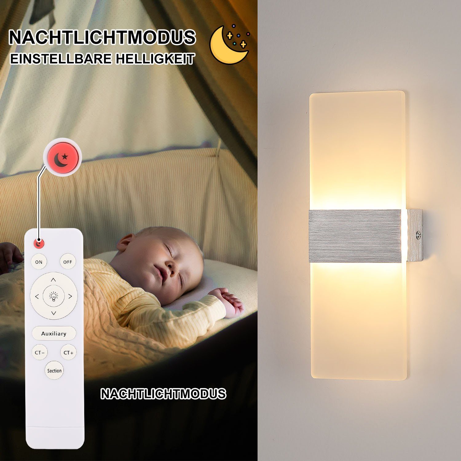 LED LED Innen integriert, LED Wandleuchte LETGOSPT Fernbedienug, Wandlampe Stück Schlafzimmer fest für 2 Wandleuchten Modern aus Acryl / Mit Flur / Kaltweiß/Naturweiß/Warmweiß, Wohnzimmer / 12W Treppenhaus Wandleuchte