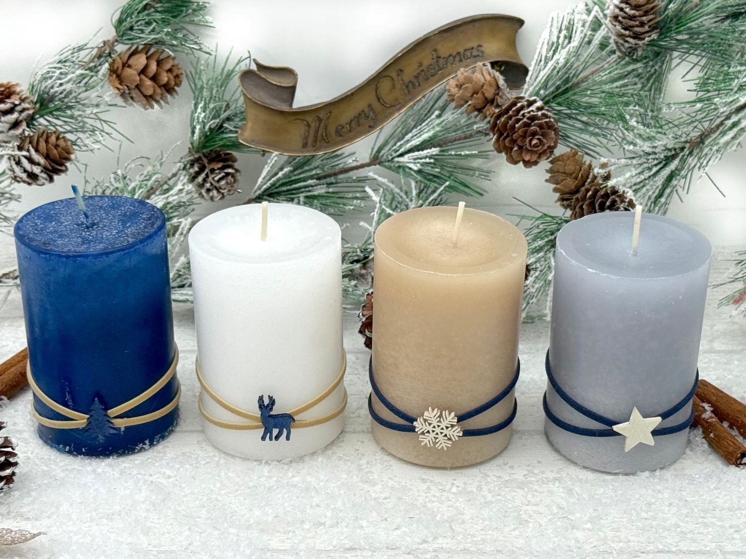 ZauberDeko Adventskerze Adventskerze Blau Grau Beige Schneeflocke Hirsch Ba günstig online kaufen