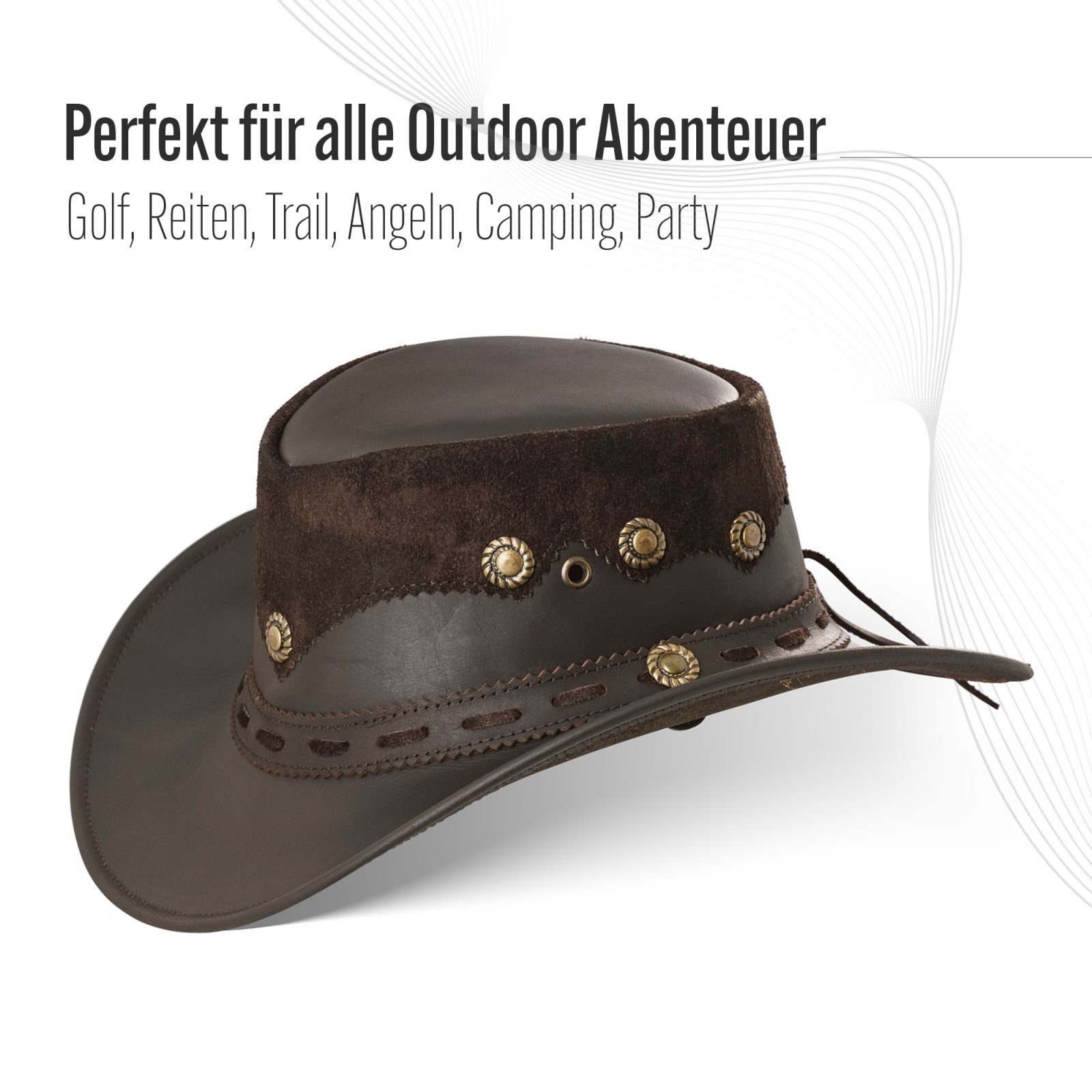 BLACK FOREST FOX Cowboyhut Country Luxus Western Cowboy Hut Reiten Leder Sonnenhut in 2 Farben Brown Größe S