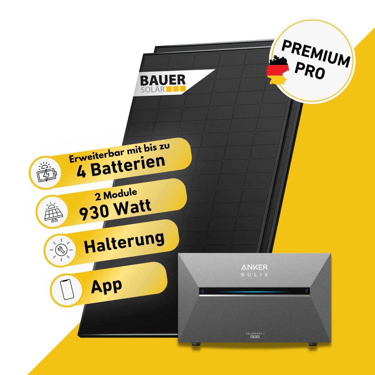 Balkonstrom Balkonkraftwerk PREMIUM Pro 930 Watt Solaranlage mit Speicher Komplettset Bifazial, 930 W, Monokristallin, (2x BAUER Solarmodul á 465 Watt, 1x Anker Solix 3 Pro Solarspeicher E2700, 1-4 Zusatzspeicher BP2700), Halterung für Dach, Fassade, Balkon & Garten, App & Plug&Play DE