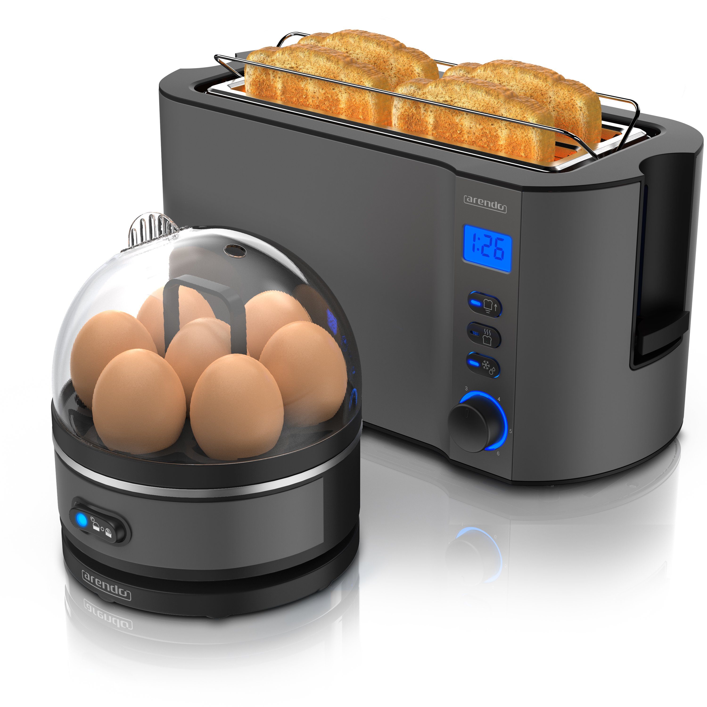 (2-tlg), Toaster, Grau 4-Scheiben 7er Langschlitz Arendo Eierkocher, Frühstücks-Set
