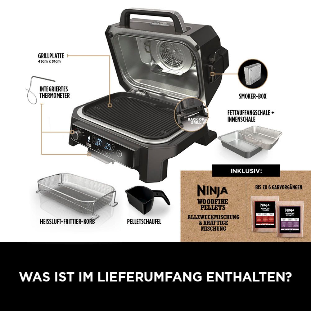 NINJA Elektrogrill Woodfire OG850EU, 1700 W, Outdoor Grill, Smoker und Heißluft-Fritteuse