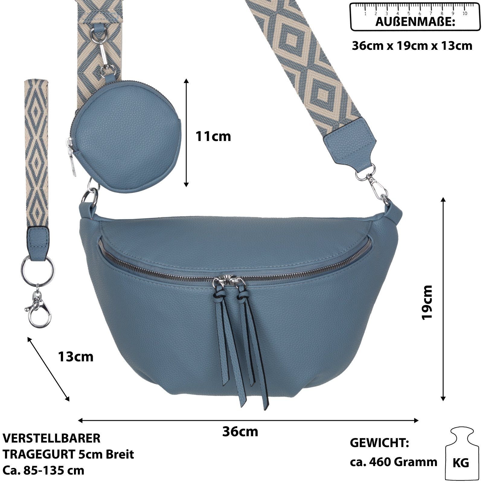 Hüfttasche EAAKIE Schultertasche, tragbar Umhängetasche Gürteltasche als Italy-D, Crossbody-Bag CrossOver, Kunstleder BLUE Bauchtasche Umhängetasche