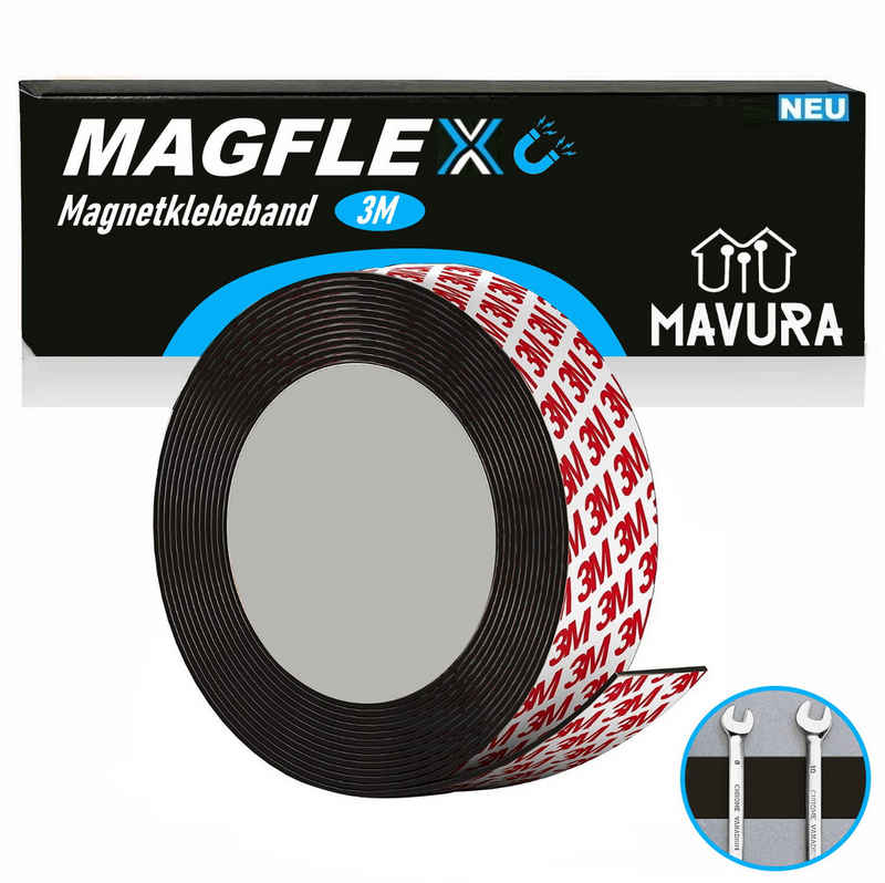 MAVURA Magnethalter MAGFLEX Magnetband selbstklebend Magnetklebestreifen Magnetstreifen, Magnetfolie Magnet Band Streifen Folie Magnetklebeband 3m (4,98/M)