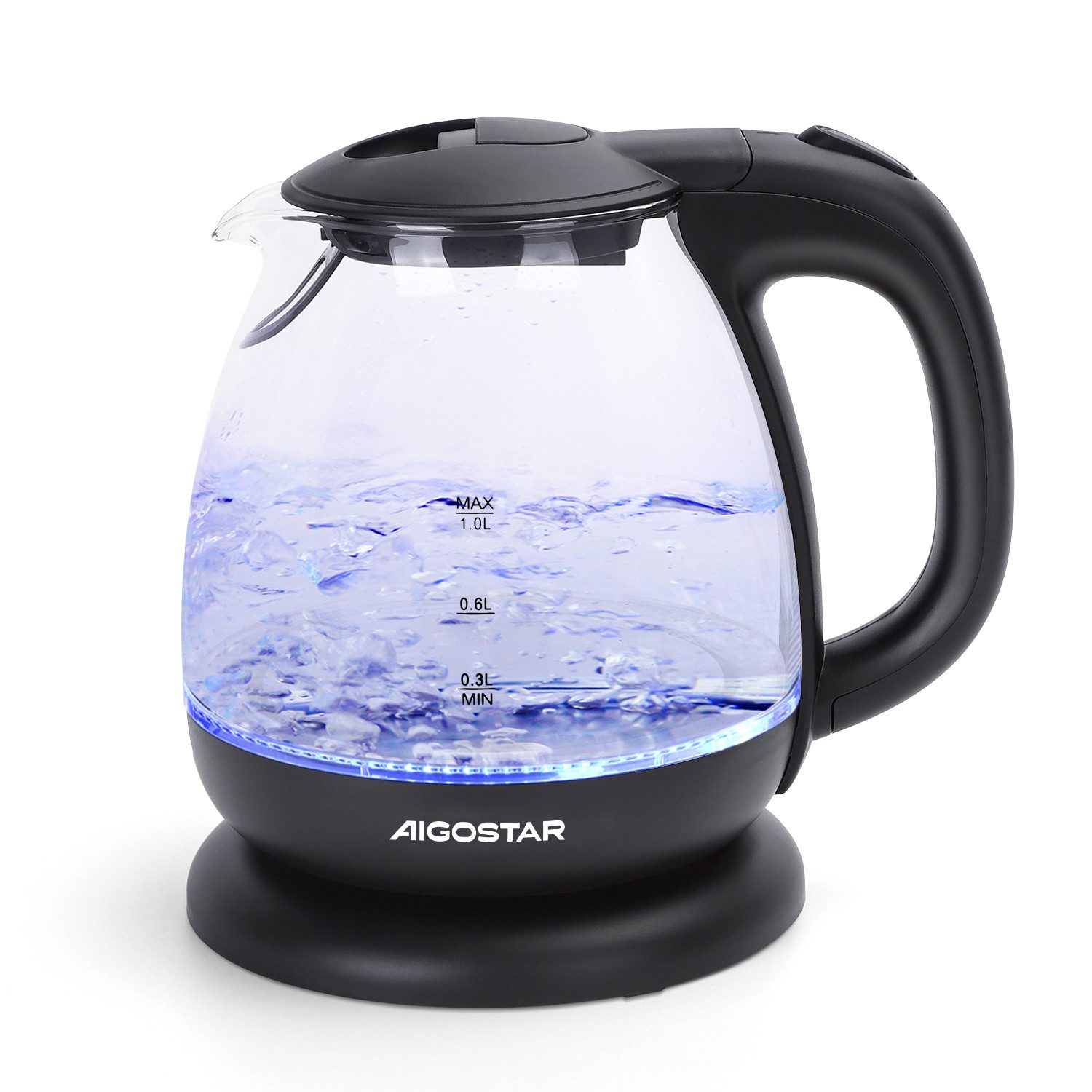 Aigostar Wasserkocher Kleiner wasserkocher glas mit led-beleuchtung, 1 Liter, 2200W