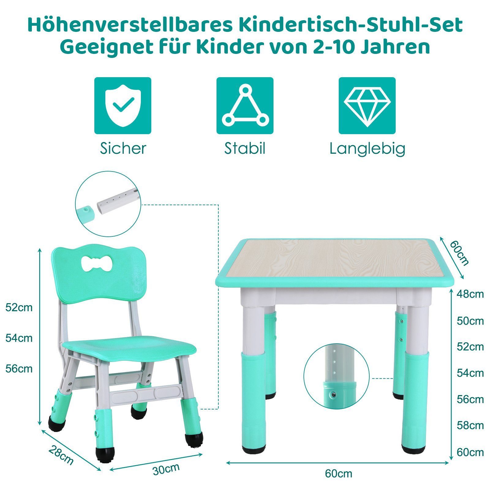 TLGREEN Kindersitzgruppe Kindertisch mit 4 Stühlen, (3-tlg), Kindermöbel, Quadratischen Tisch Höhenverstellbar Plastik – Bild 3 von 5