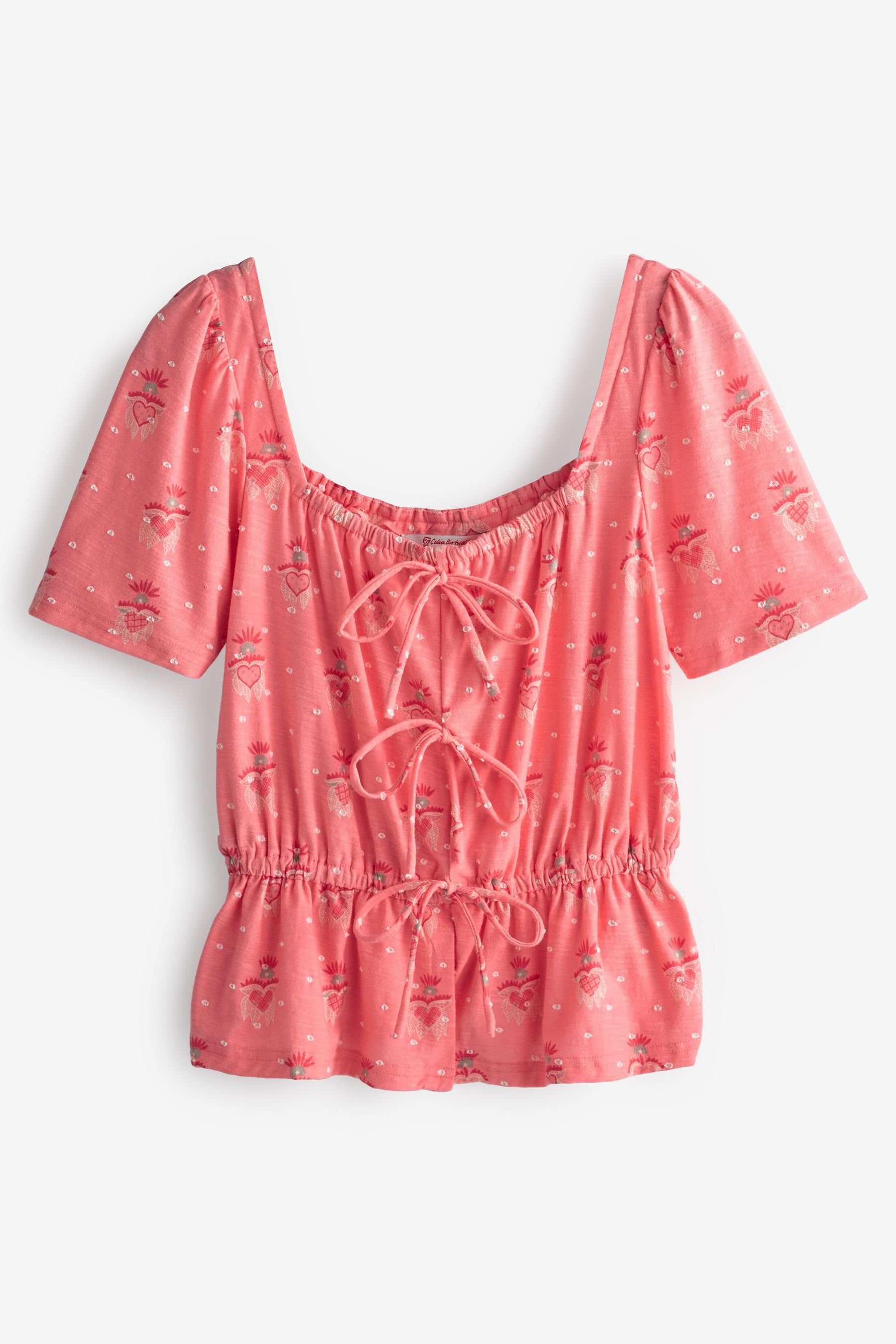 Next T-Shirt Kurzärmliges Top mit V-Ausschnitt und Rüschensaum (1-tlg) Celia Birtwell Pink Floral Print