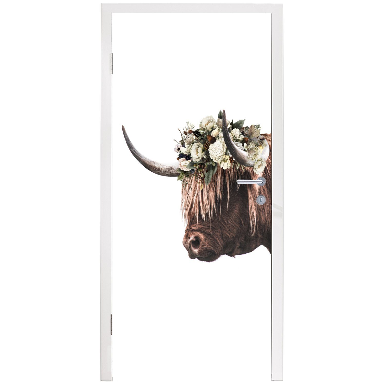 MuchoWow cm Türaufkleber, - für Schottischer Kuh Fototapete St), 75x205 Türtapete Highlander Rosen, Matt, - Tür, bedruckt, (1