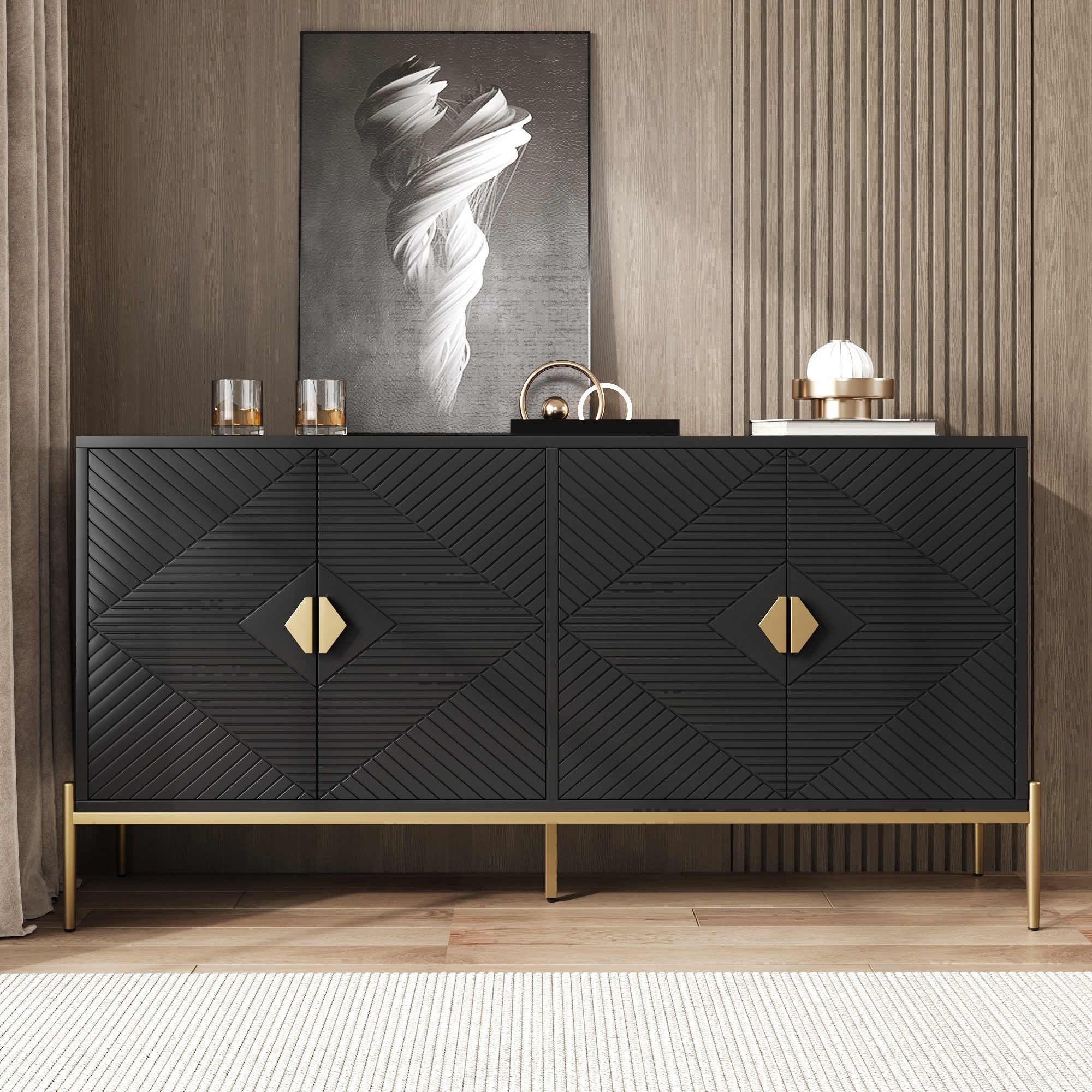 Merax Sideboard mit goldenen Metallbeinen (1 St., 162L x 40B x 80H(cm), Kommode mit 4 Türen, Aufbewahrungsschrank Anrichte, Buffetschrank – Bild 3 von 5