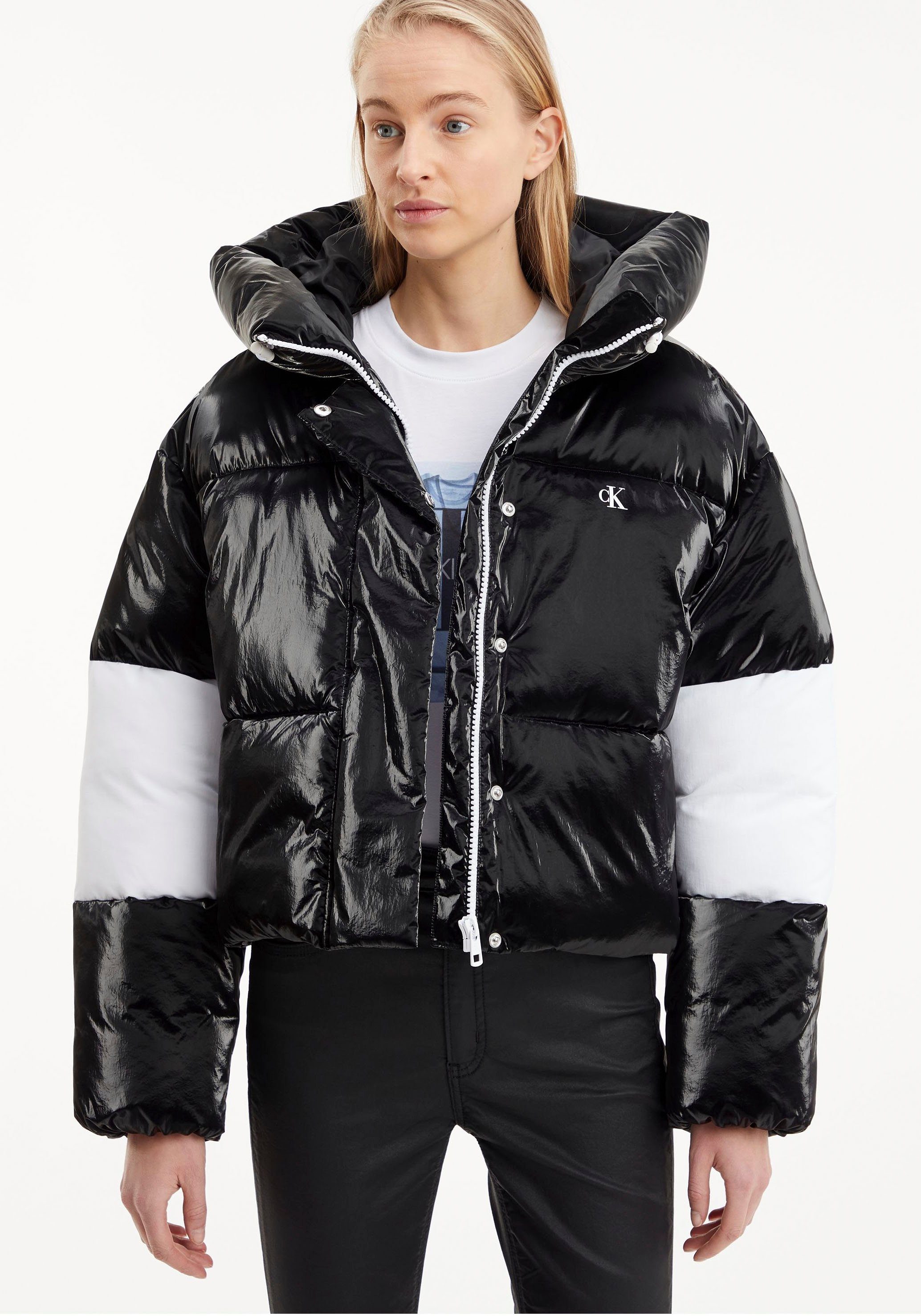 PUFFER Calvin Klein CROPPED Steppjacke BLOCKING Kapuze Jeans mit