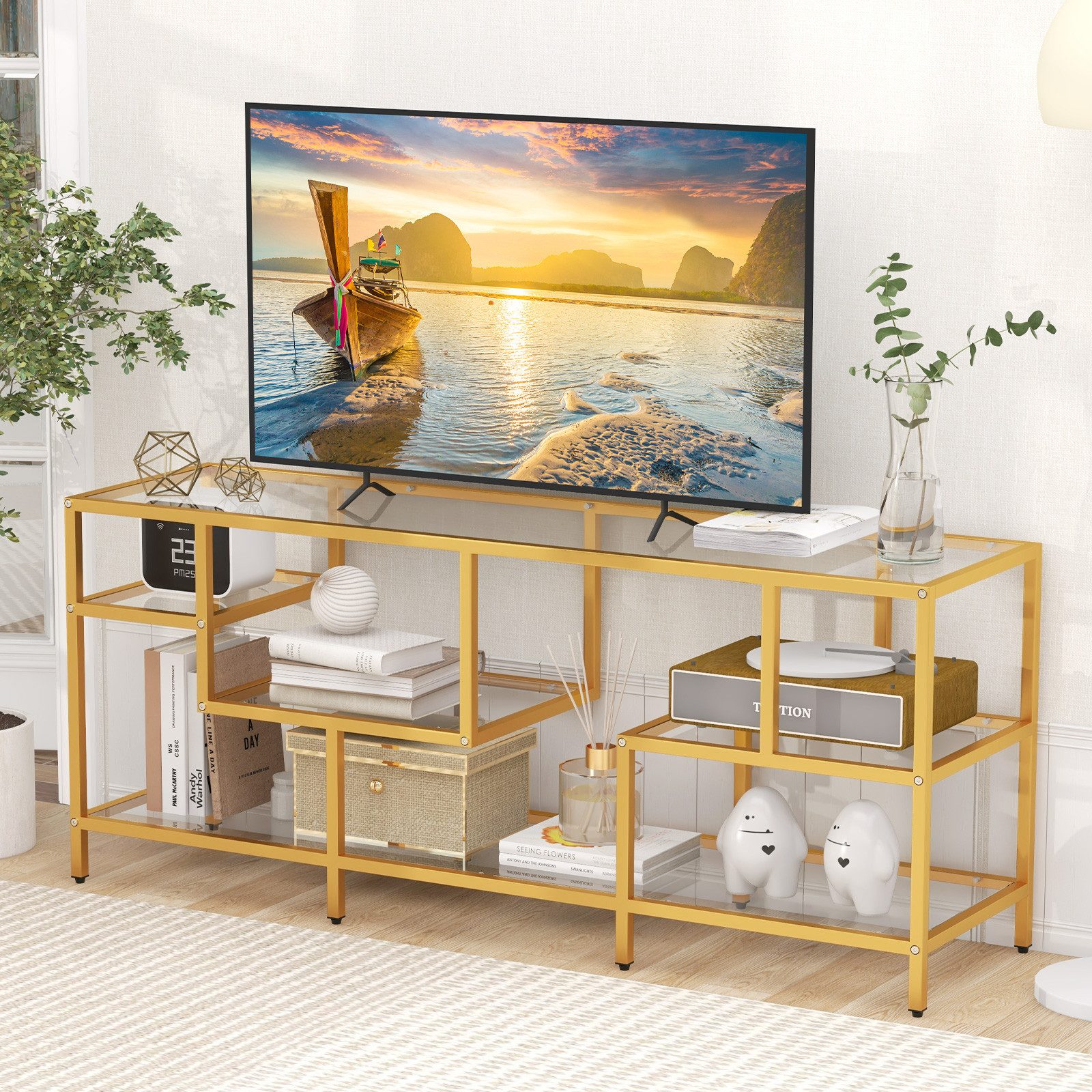 COSTWAY TV-Schrank Konsolentisch mit gehärteten Glasregalen, günstig online kaufen