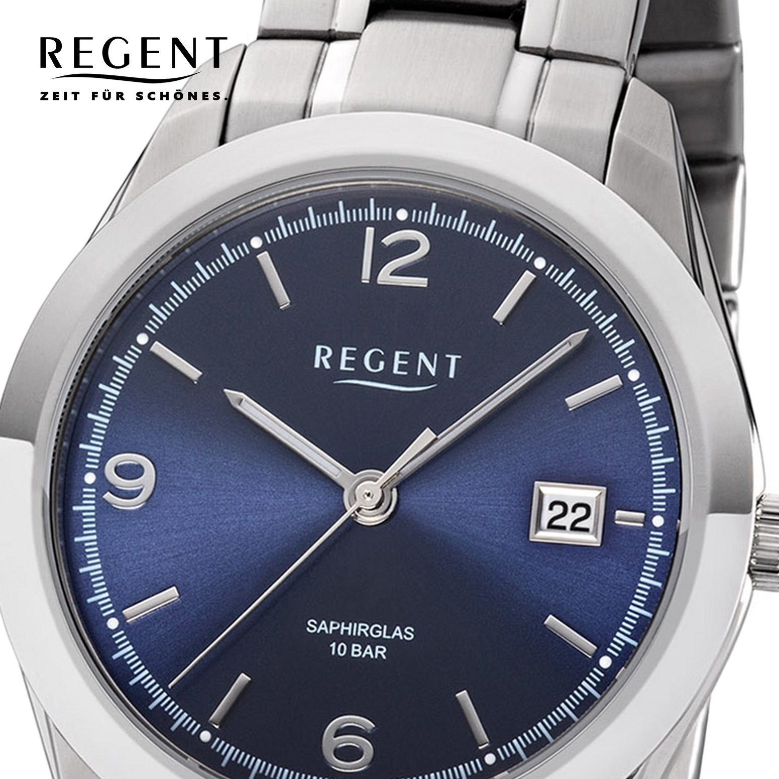 Regent Quarzuhr Regent Herren Uhr F-1193 Metall Quarz, Herren Armbanduhr  rund, Metallarmband silber