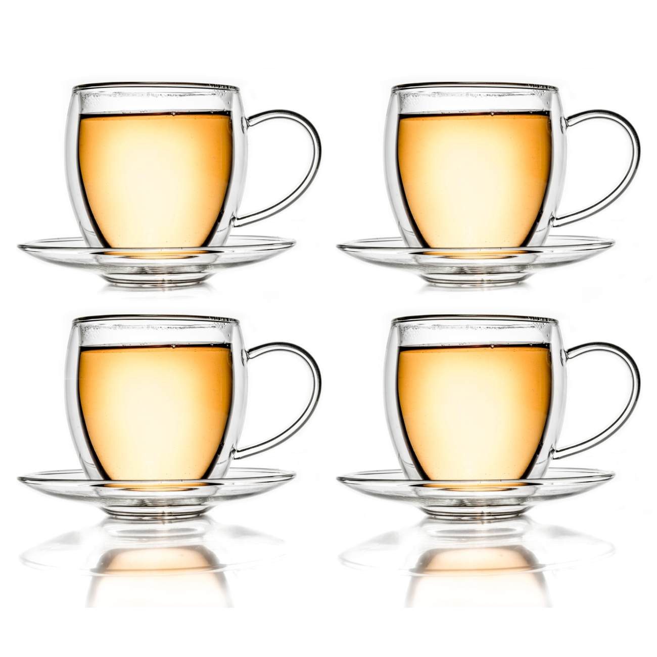 Creano Teeglas Thermotasse bauchig mit Untersetzer 250ml; 4er Set, Borosilikatglas, Mit Untertasse und Henkel