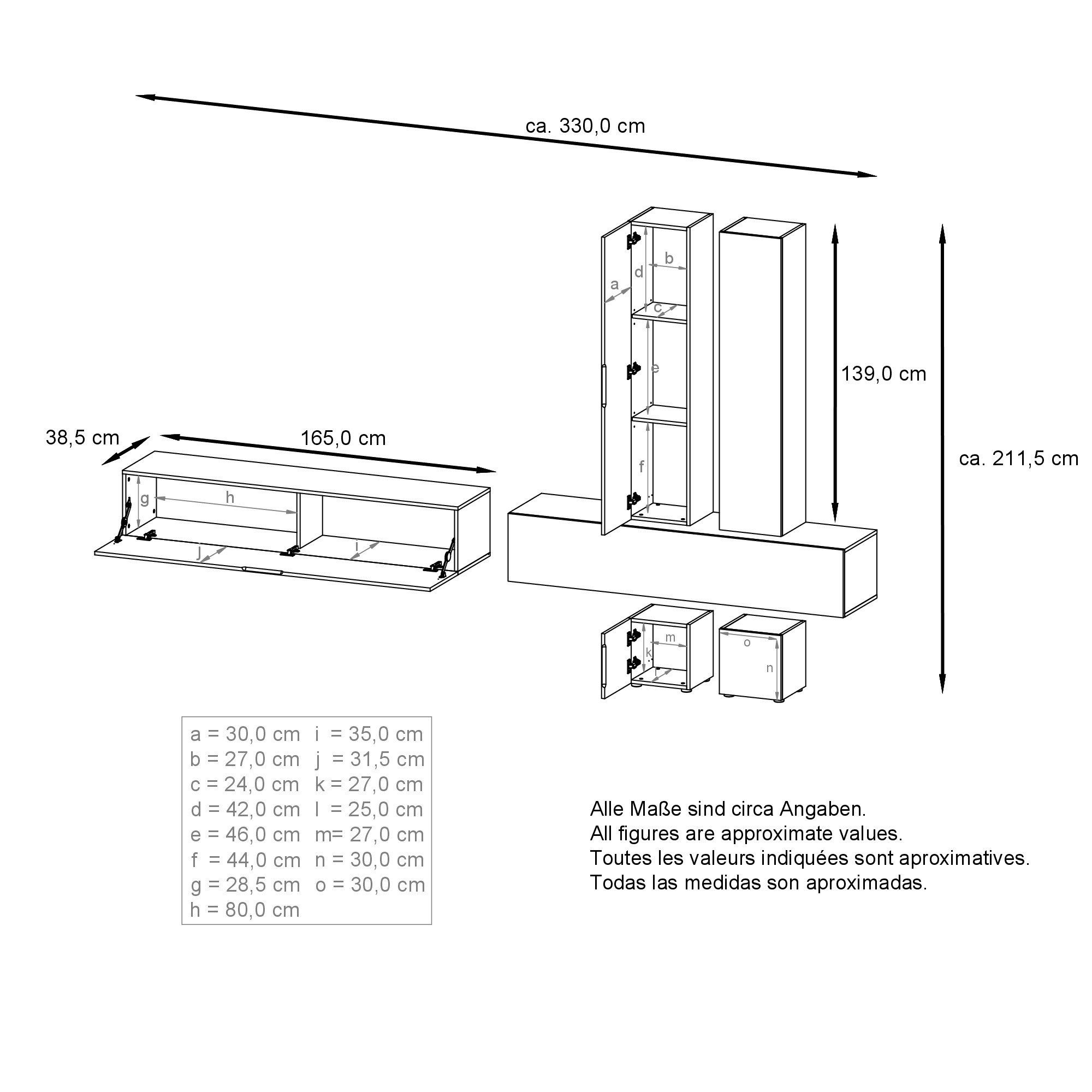 x Klappen), 39 6-St., Türen mit 204 Wohnwand und Türen Moja, (330 und matt/Schwarz (Anbauwand, Avola-Anthrazit Rückwand Avola-Anthrazit Hochglanz Schwarz in 2 mit cm) Vladon x 4