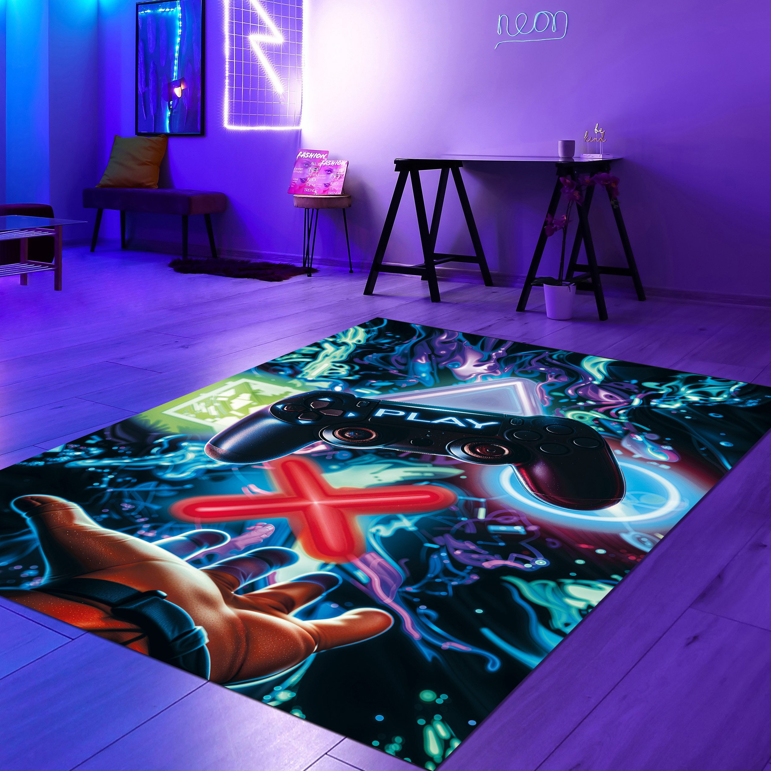 Carpetia Teppich Gaming-Teppich mit neon-farbigen Symbolen günstig online kaufen