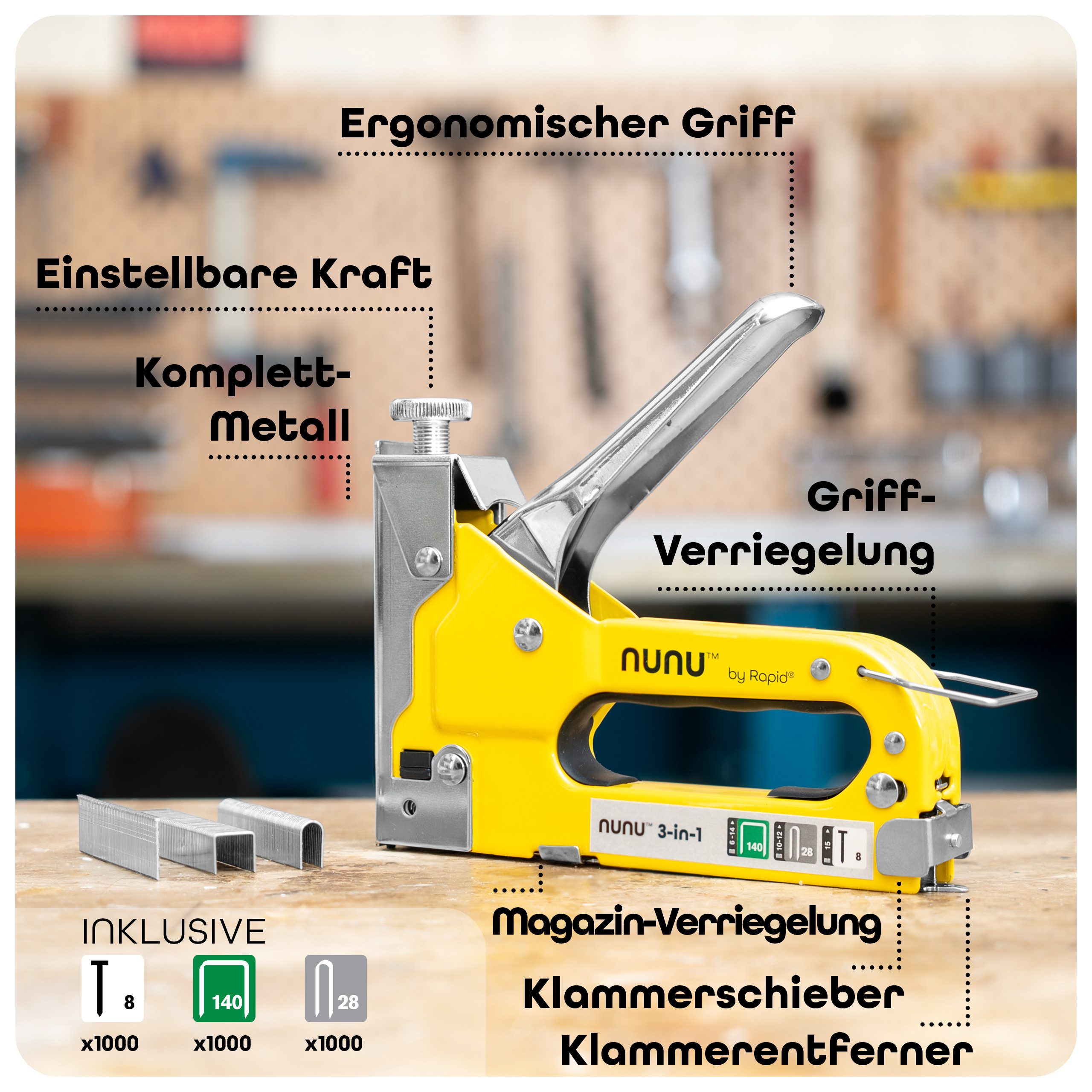 Rapid Handtacker NUNU 3-in-1 Handtacker Tacker Nagler für Typ 140, 28, 8 Set 5001728, 3-in-1 Funktion (Klammern, Kabelklammern, Nägel)