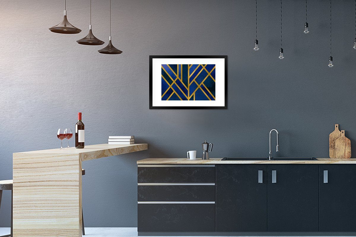 MuchoWow Poster Gold - Blau - Muster, (1 St), mit Rahmen, Kunstdruck, Gerahmtes Poster, Schwarzem Bilderrahmen