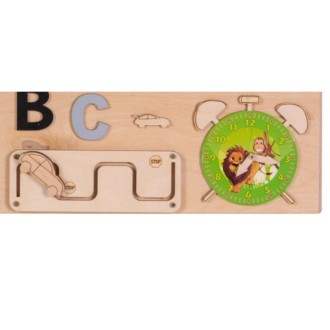 Moni Lernspielzeug Lernboard, Lerntafel medium, aus Holz Zahnräder, Lichtschalter, Uhr, Klingel