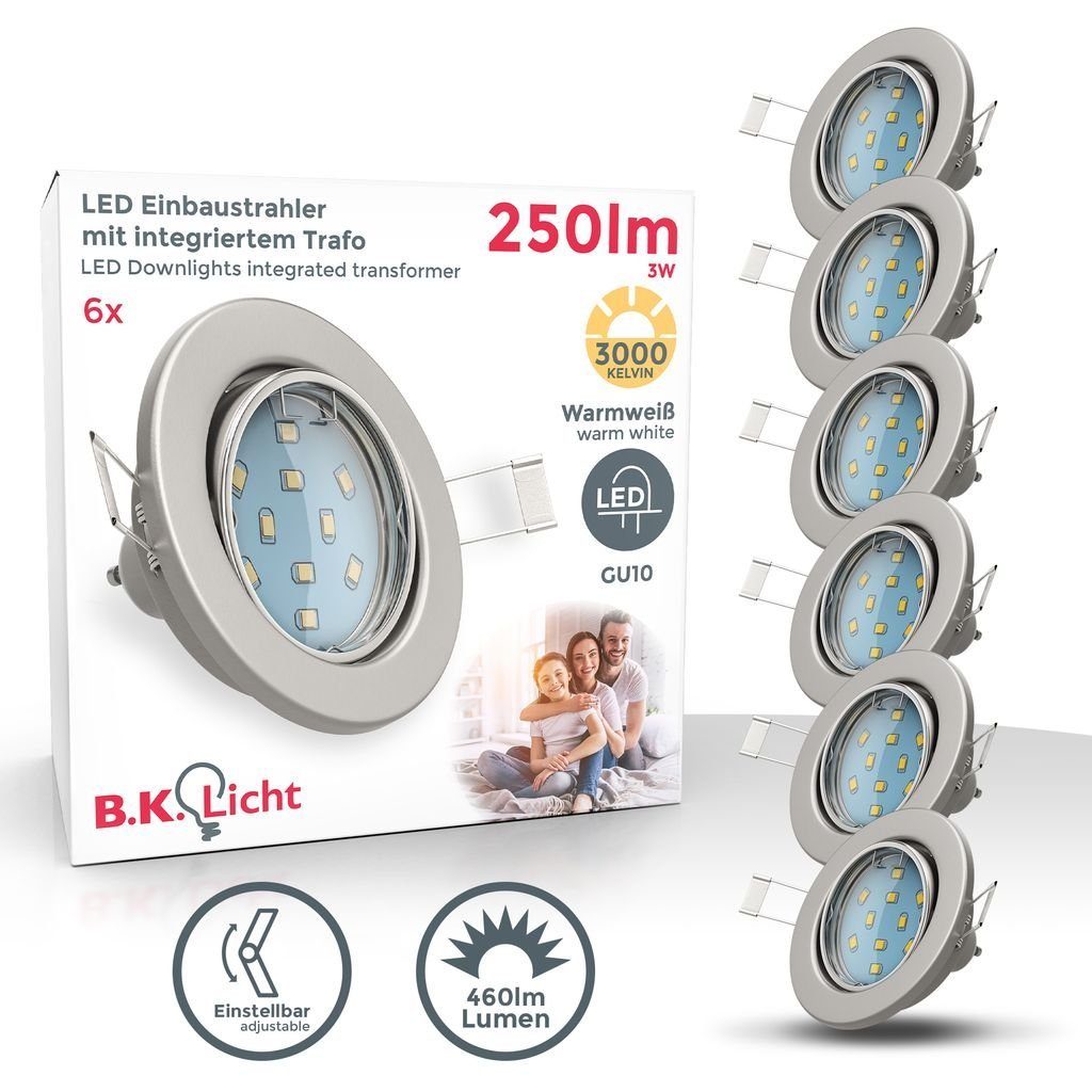 B.K.Licht LED Einbaustrahler 3er Set LED Einbauleuchten schwenkbar inkl. 3x 3W - 10-02-06-W, LED wechselbar, 250lm GU10 IP23 Einbauspots Decke 3.000K Rund Nickel-matt