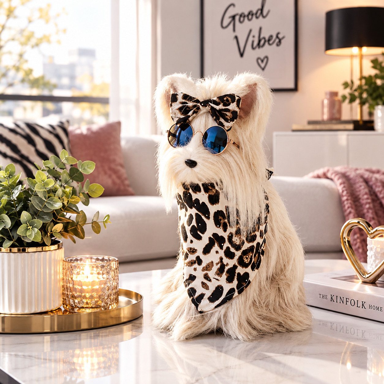 Home-trends24.de Dekofigur Deko Figur Hund Terrier Kuschelhund Leopardenlook Sonnenbrille (1 St)