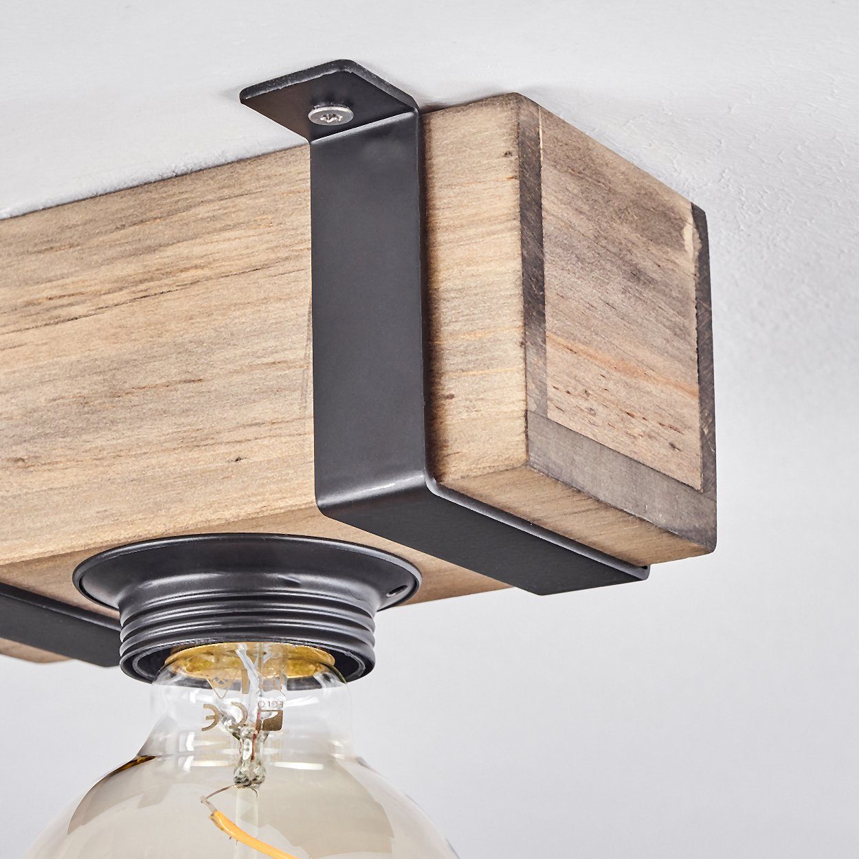 hofstein Deckenleuchte moderne Deckenlampe aus Metall /Holz in Schwarz/Natur, ohne Leuchtmittel, im Industrial-Style, Retro/Vintage-mit Holzbalken, E27-Fassung.