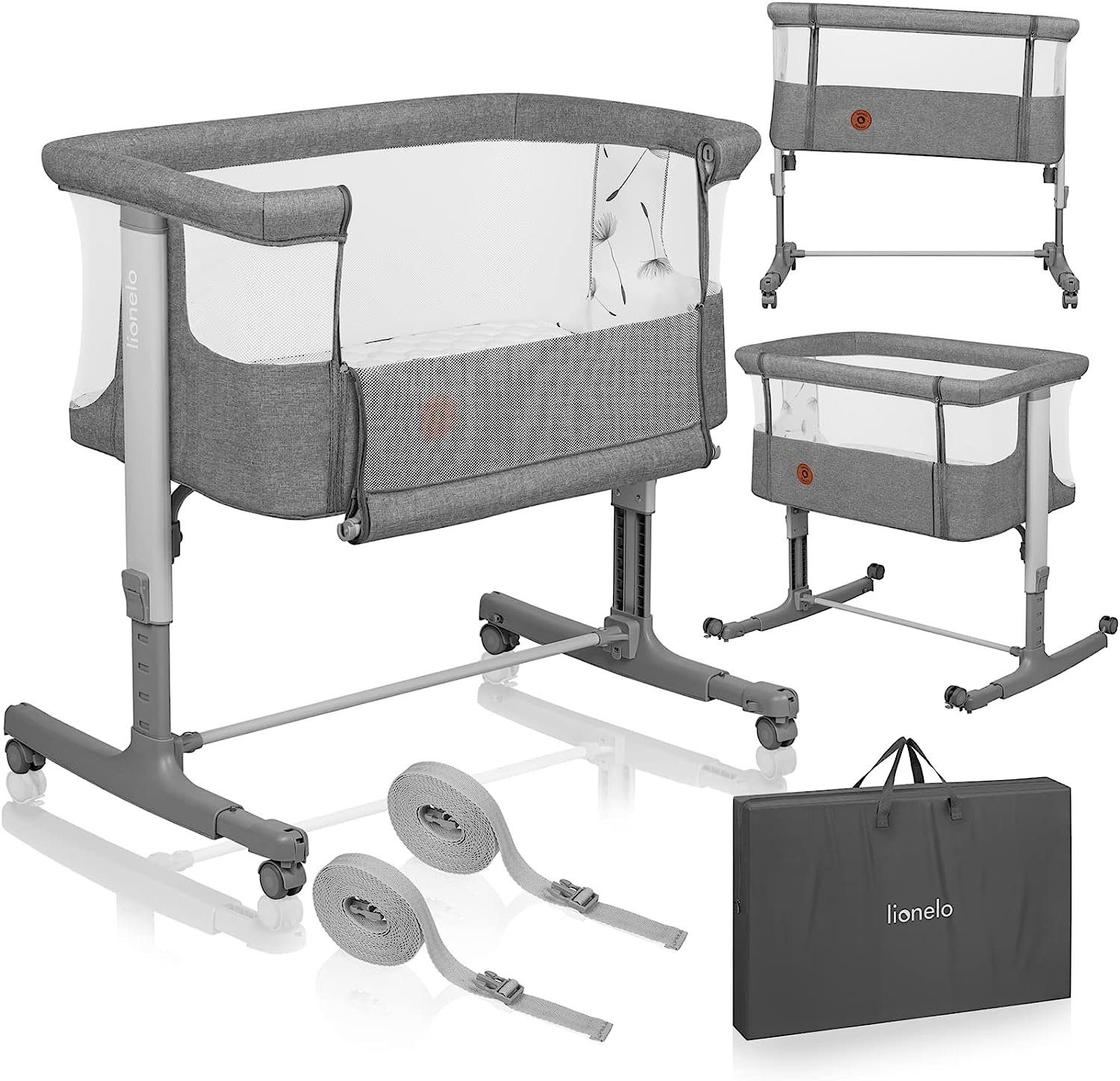 lionelo freistehendes Babywiege, Grau 3-in-1: AURORA, Beistellbett, Baby-Reisebett Babybett