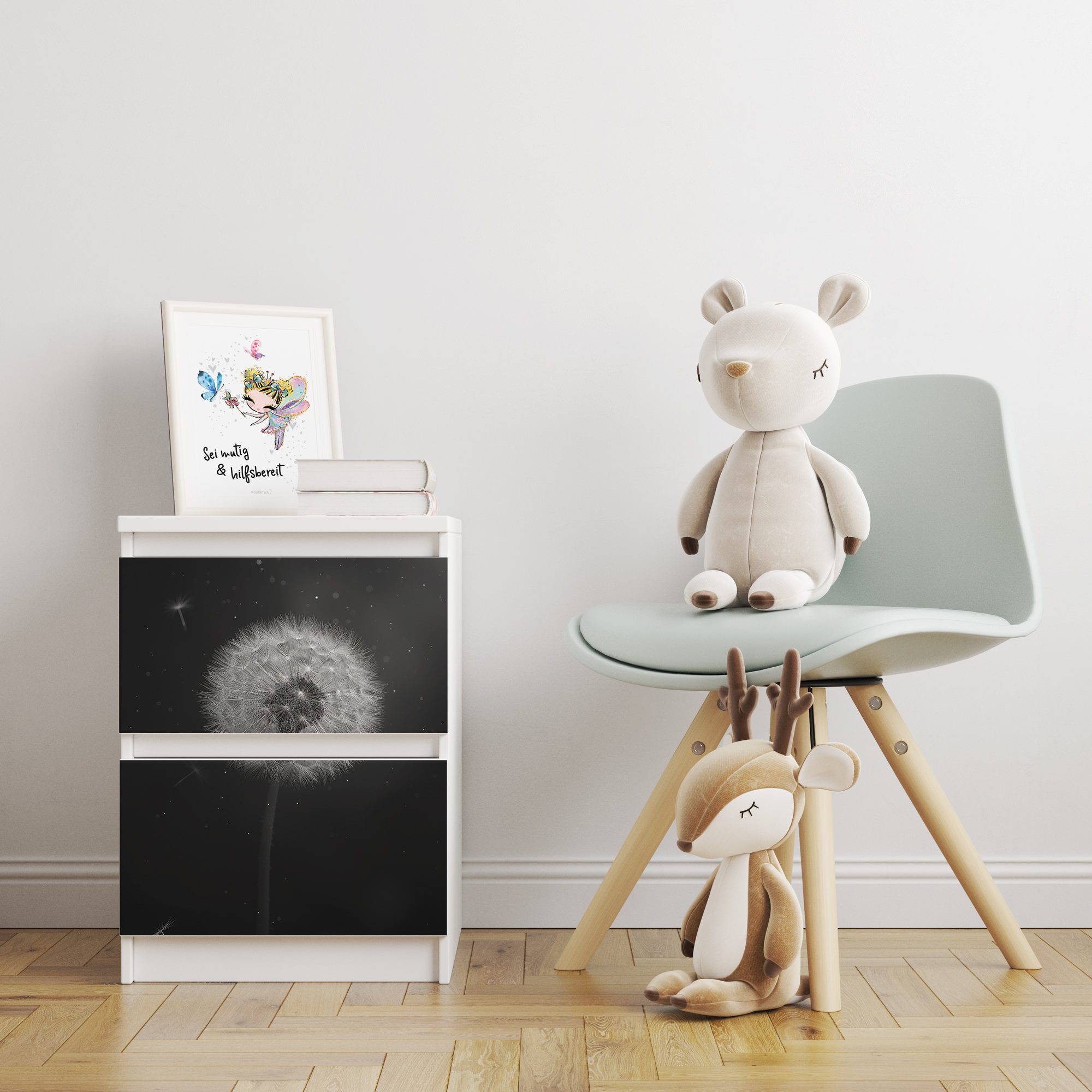 Sunnywall Möbelfolie passend f. IKEA Malm Kommode Schrankfolie Aufkleber Pusteblume schwarz, blasenfreie selbstklebende Folie (SCHRANK NICHT INKLUSIVE)