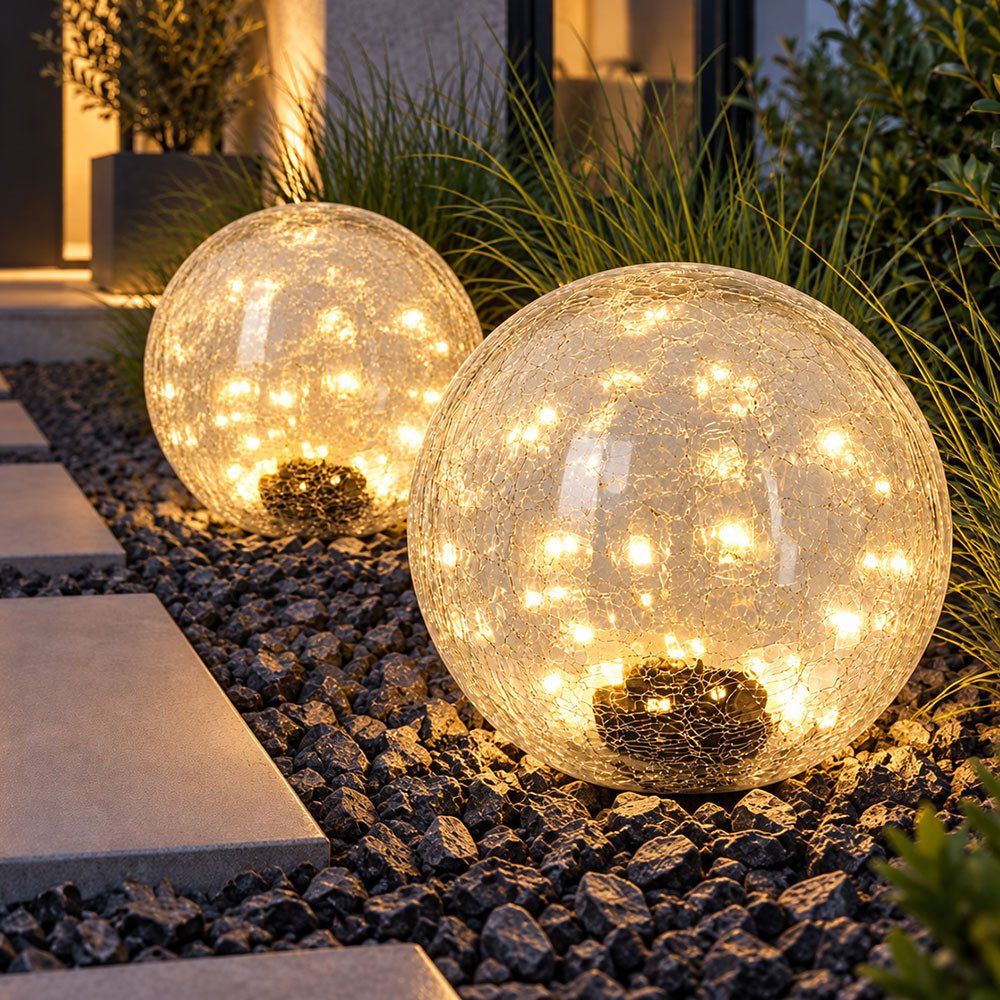 etc-shop LED Solarleuchte, LED-Leuchtmittel fest verbaut, Warmweiß, LED Solarleuchte Stecklampe Glas Crackle Gartenleuchte D 25 cm 2er Set