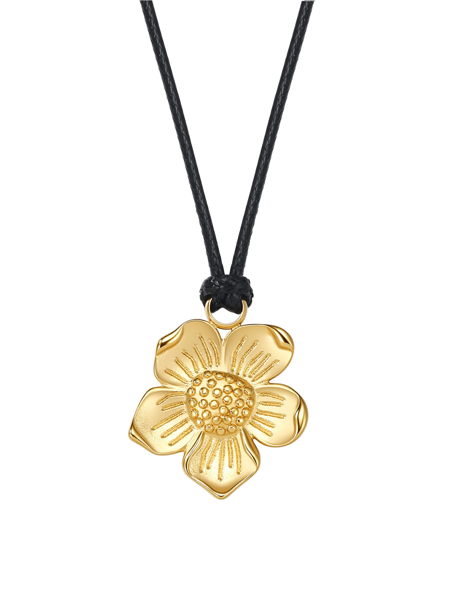 Hey Happiness Kette mit Einhänger Gänseblümchen – vergoldeter Edelstahl Schmuck mit schwarzem Kordelband, vollständig verstellbare Damen Halskette im eleganten Flower Design