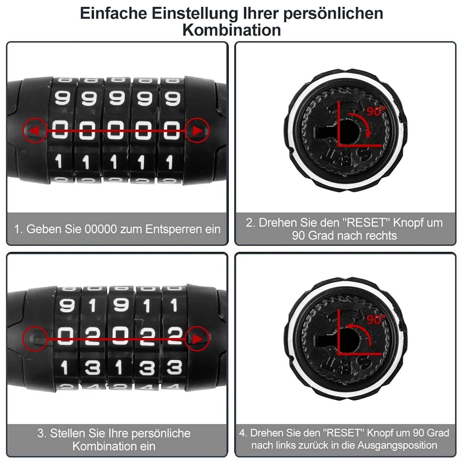 HUGERSTONE Zahlenkettenschloss Fahrradschloss Zahlenschloss mit 5er Zahlencode, 120cm Kettenschloss (Set, 2-tlg, 1 Fahrrad Schloss + 1 Montagehalterung), Hohe Sicherheit E Scooter Schloss für E-Bike, Fahrrad und Motorrad