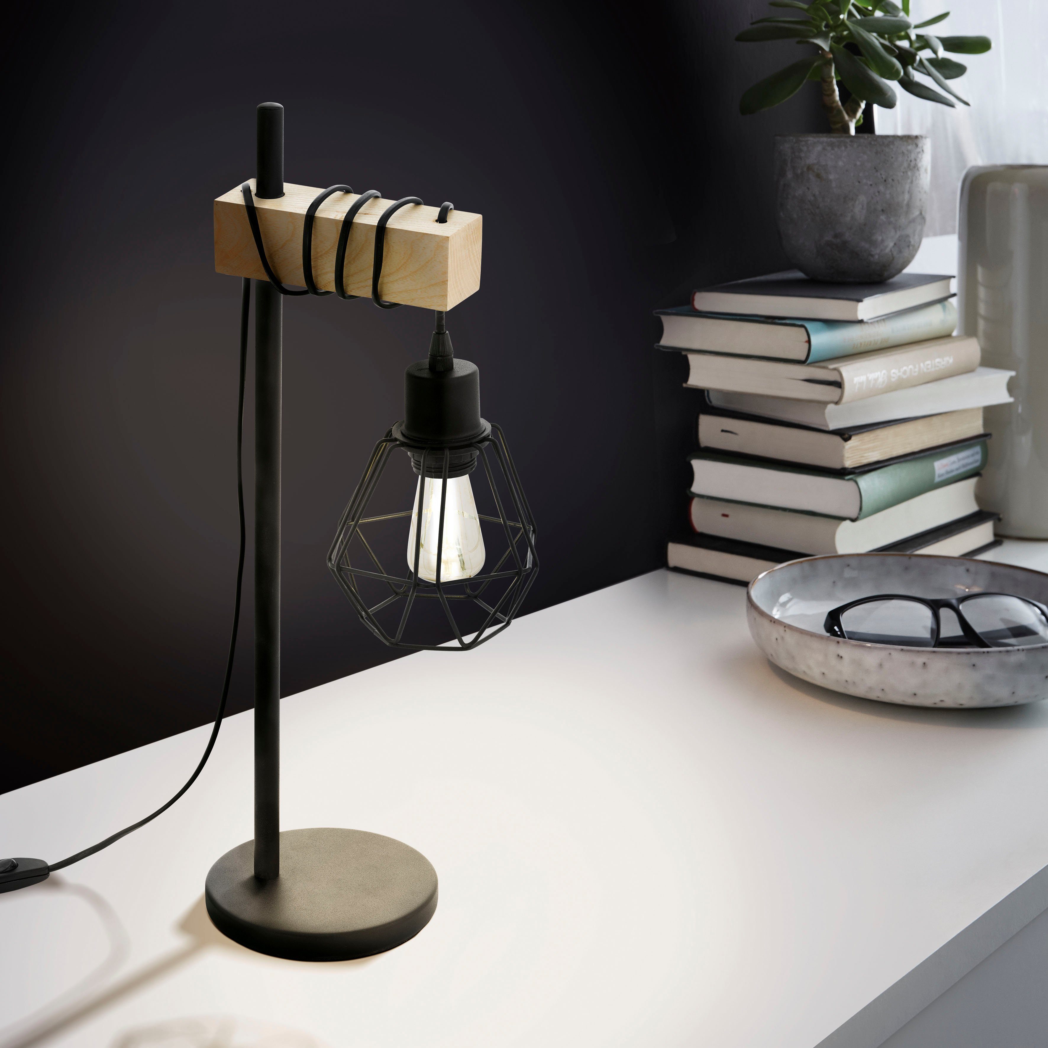EGLO Tischleuchte TOWNSHEND 5 Tischlampe, Stahl und Holz, E27, IP20, Nachttischlampe, Ein-/Ausschalter, ohne Leuchtmittel, Tischleuchte, L22 x B15,5 x H50 cm, s – Bild 4 von 5