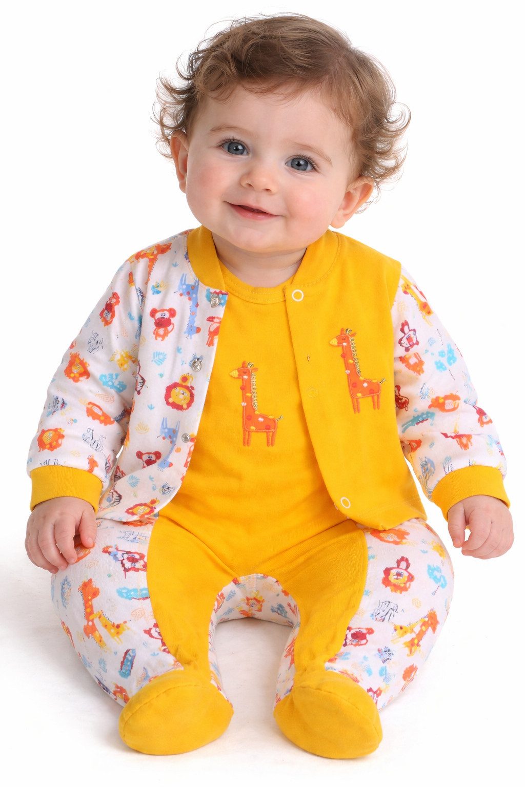 La Bortini Strampler Strampler Hemdchen Set Baby Anzug in Gelb mit Tieren Muster aus reiner Baumwolle, 44 50 56 62 68 74