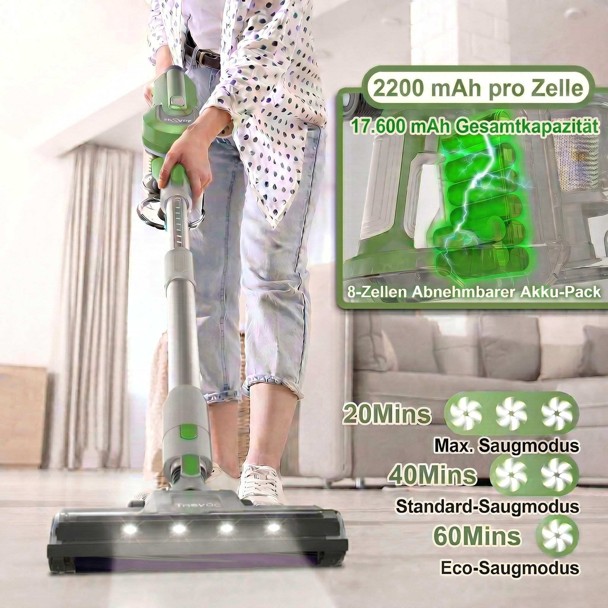 TASVAC Akku-Hand-und Stielstaubsauger Akku Staubsauger 80000Pa/60Min/1,7 L Staubsauger Kabellos, mit Beutel, 50dB leise/5-Stufen-Filter/LED Display, Ideal für Böden/Teppiche/Auto