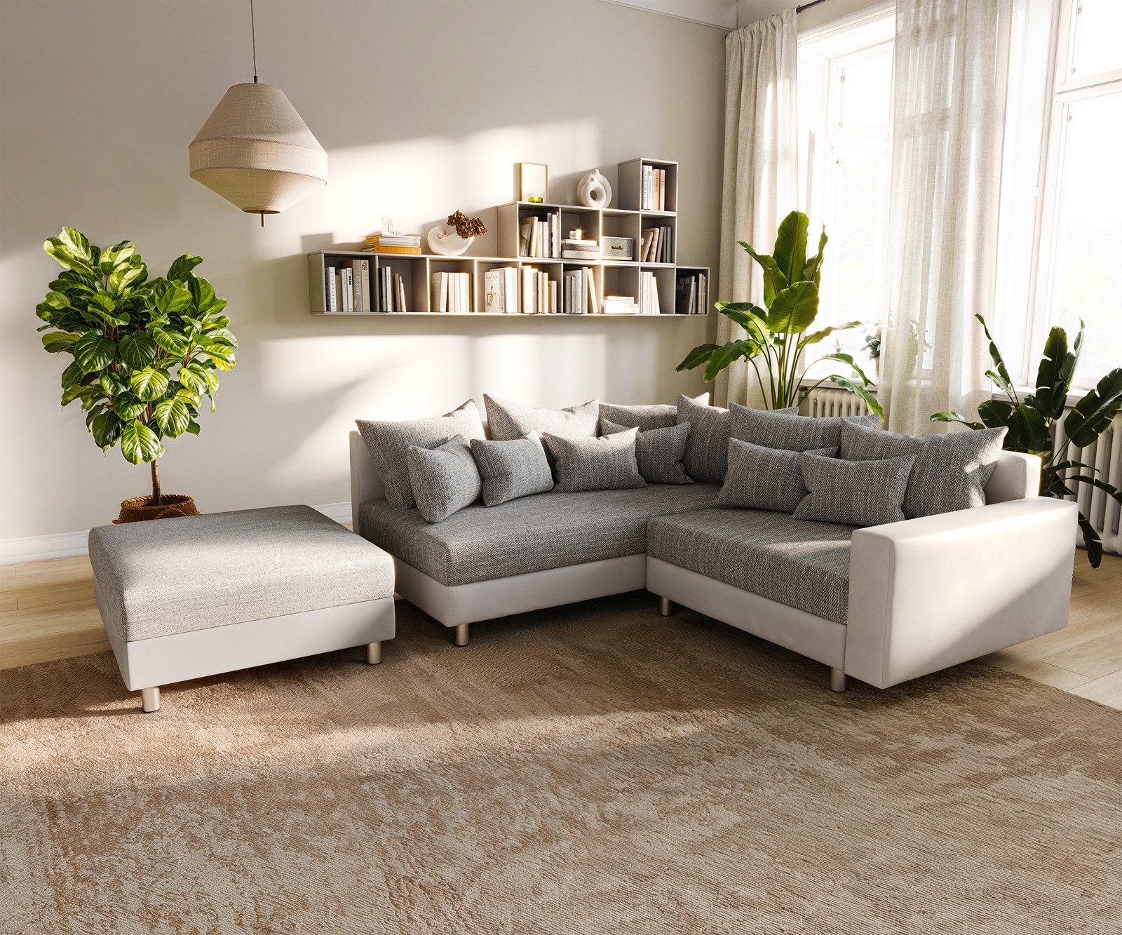 DELIFE Ecksofa Clovis, Weiss Hellgrau Hocker günstig online kaufen