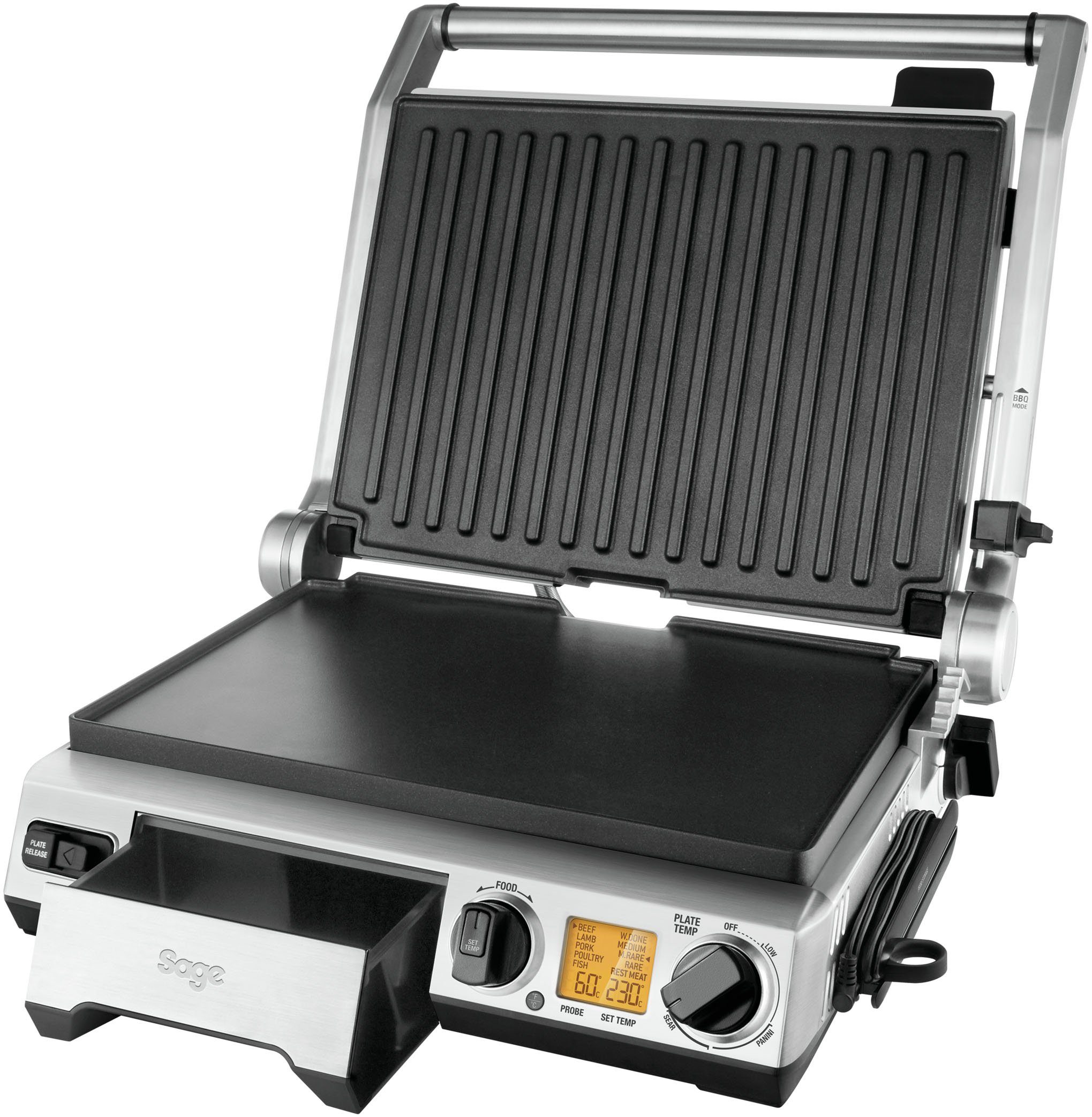 Sage Kontaktgrill the Smart Grill Pro, BGR840BSS, 2400 W, antihaftbeschichtete und geneigte Grillfläche